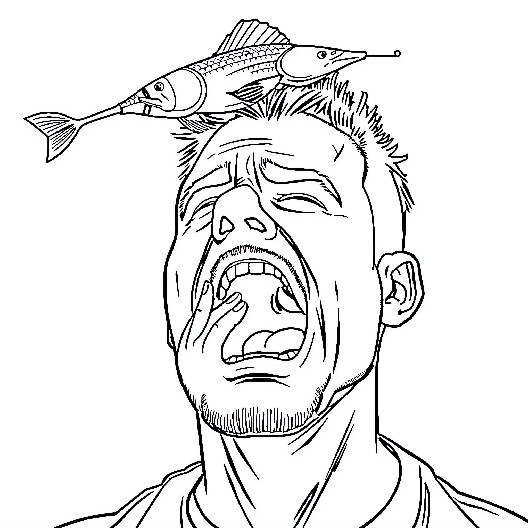 Man reacting with surprise to fish on head Coloring Page (free black-and-white line drawing printable PDF for all, from beginners to advanced learners, including children, teens, adults, and seniors)