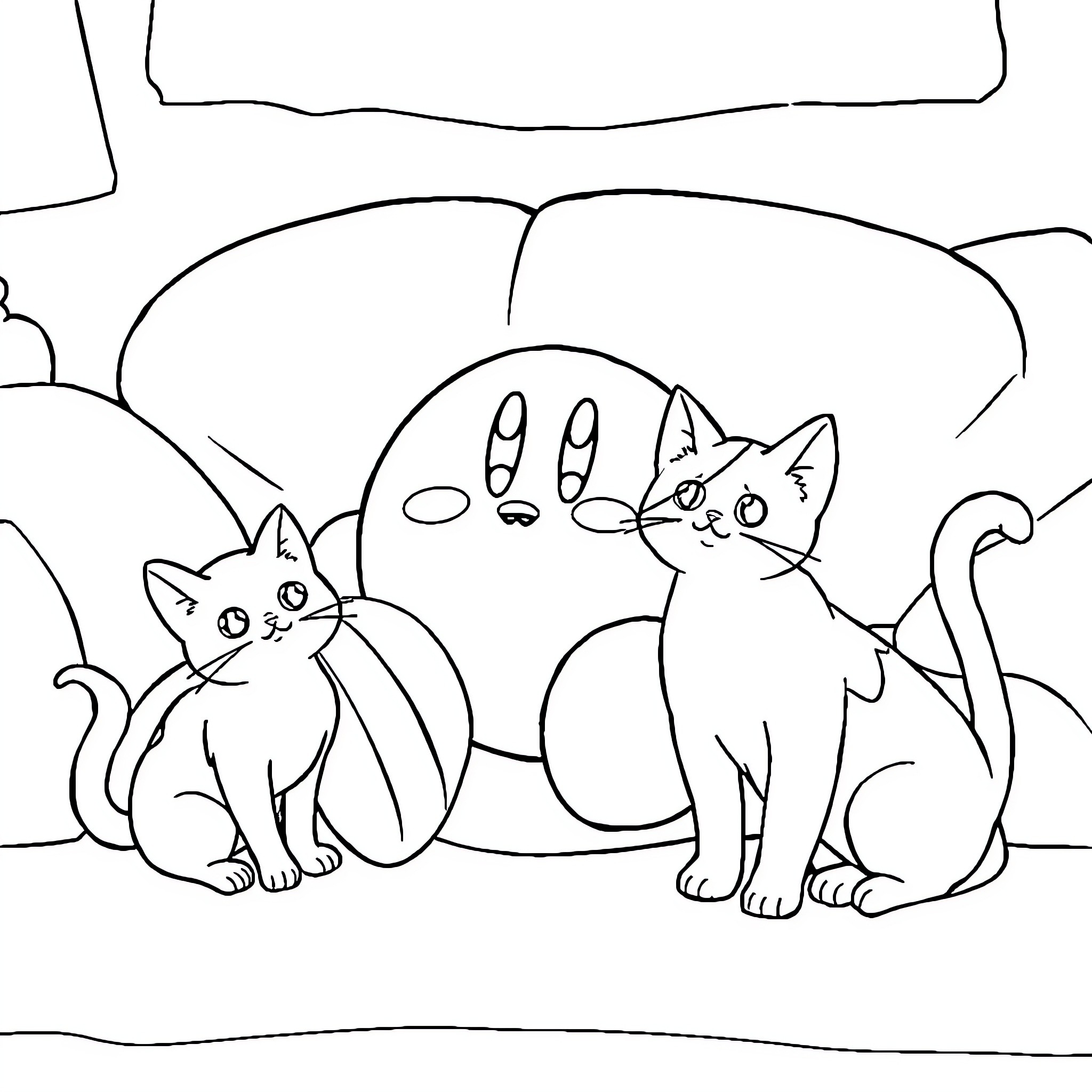 Kirby with cats in a whimsical scene Coloring Page (free black-and-white line drawing printable PDF for all, from beginners to advanced learners, including children, teens, adults, and seniors)