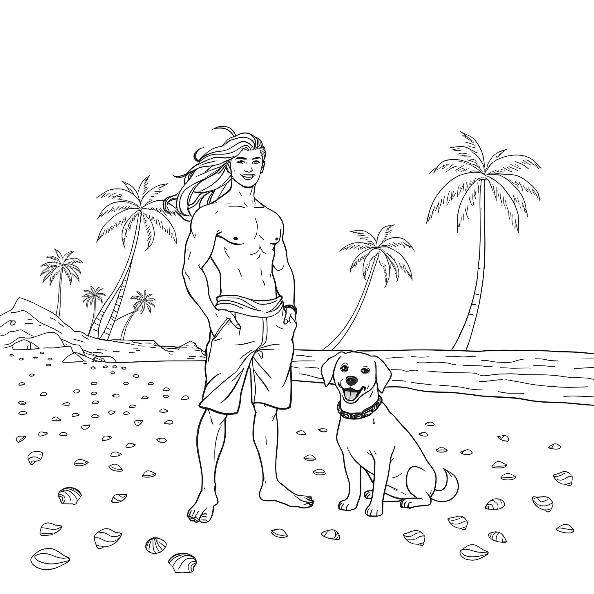Man relaxing with his dog on the beach Coloring Page (free black-and-white line drawing printable PDF for all, from beginners to advanced learners, including children, teens, adults, and seniors)