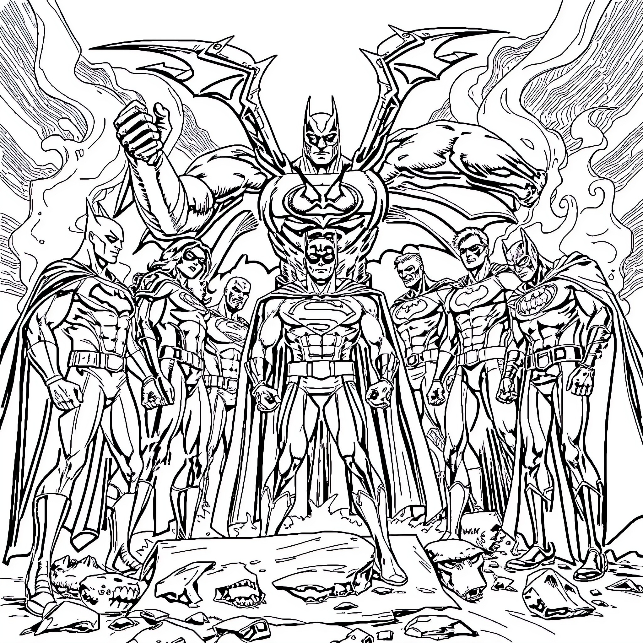 Justice League heroes assembled in heroic poses Coloring Page (free black-and-white line drawing printable PDF for all, from beginners to advanced learners, including children, teens, adults, and seniors)