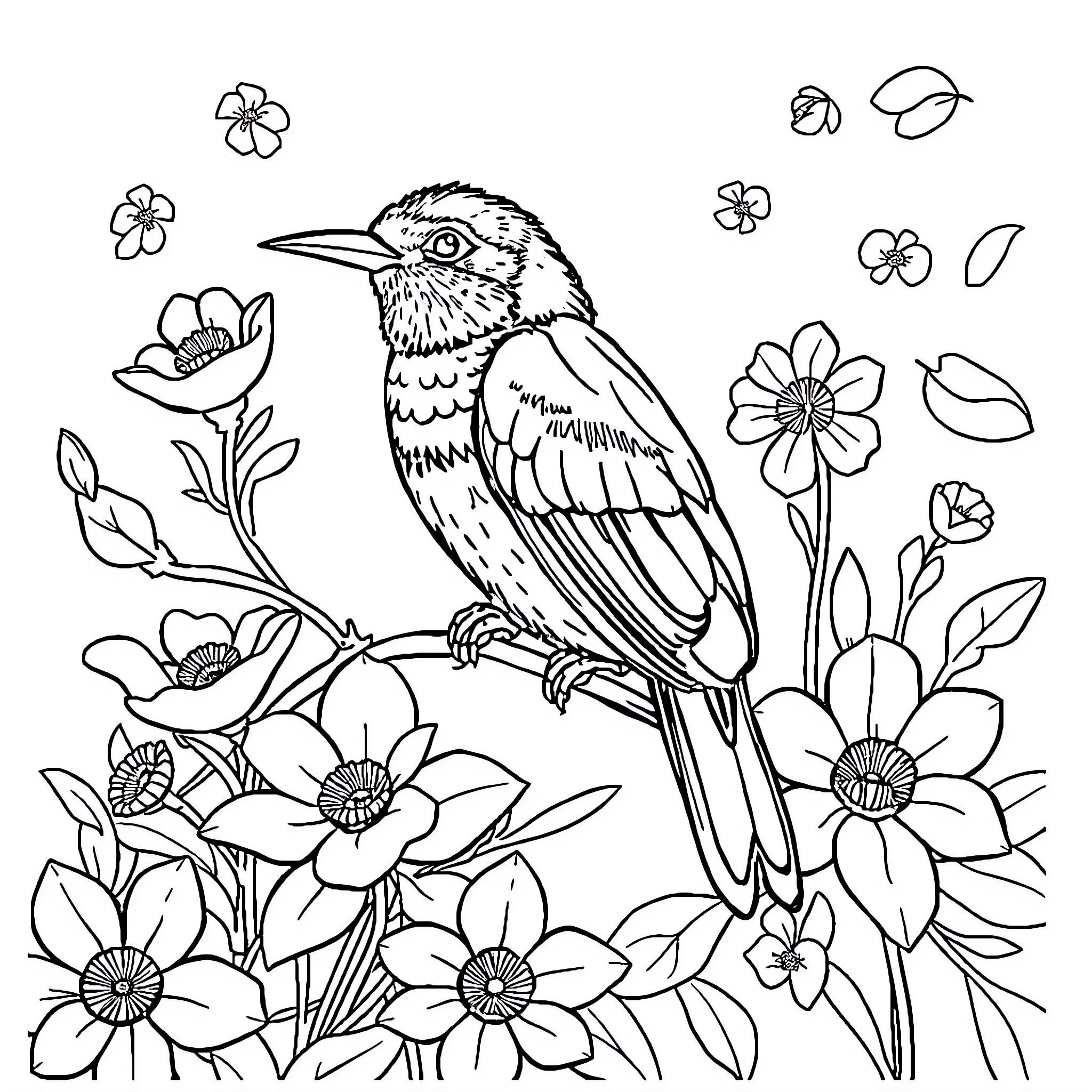 Bird perched amidst floral garden Coloring Page (free black-and-white line drawing printable PDF for all, from beginners to advanced learners, including children, teens, adults, and seniors)