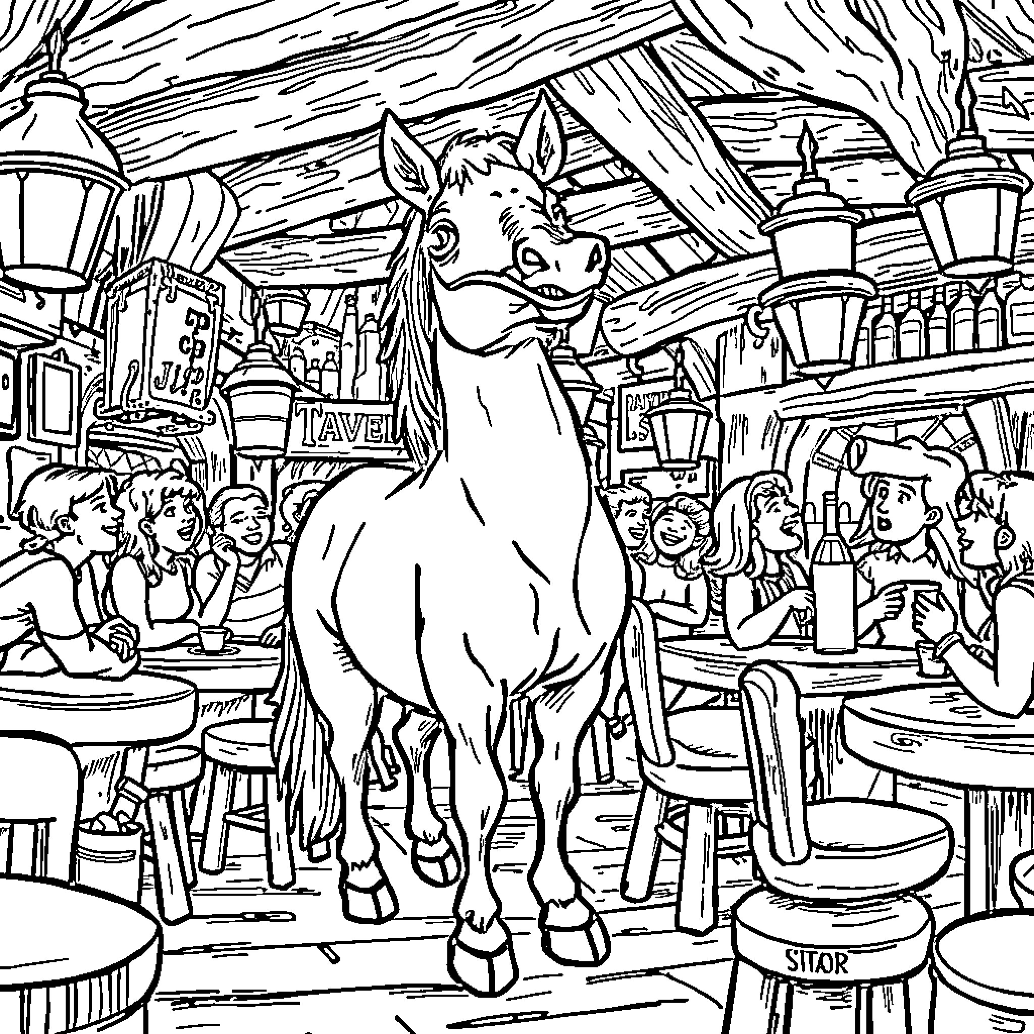 Horse enjoying the lively atmosphere in a tavern Coloring Page (free black-and-white line drawing printable PDF for all, from beginners to advanced learners, including children, teens, adults, and seniors)