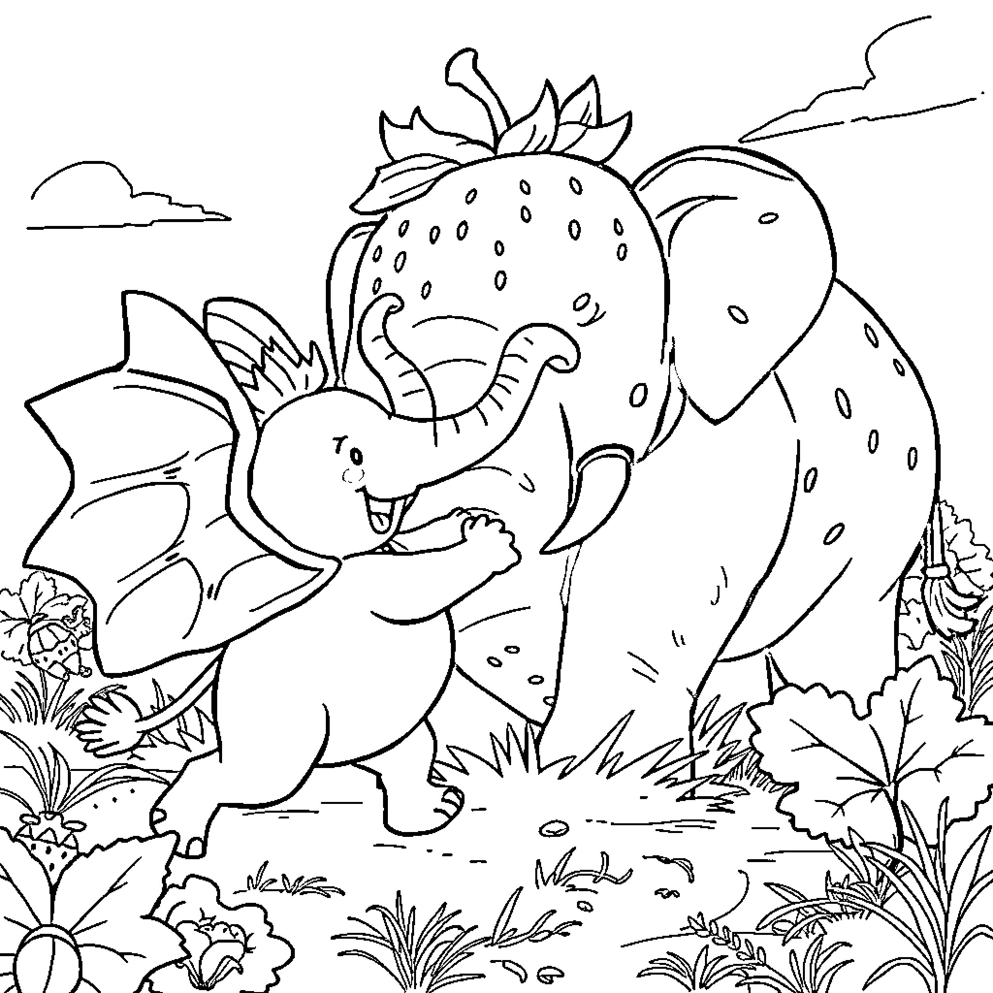 Tralalero Playful Dragon and Friendly Elephant in Nature Coloring Page (free black-and-white line drawing printable PDF for all, from beginners to advanced learners, including children, teens, adults, and seniors)