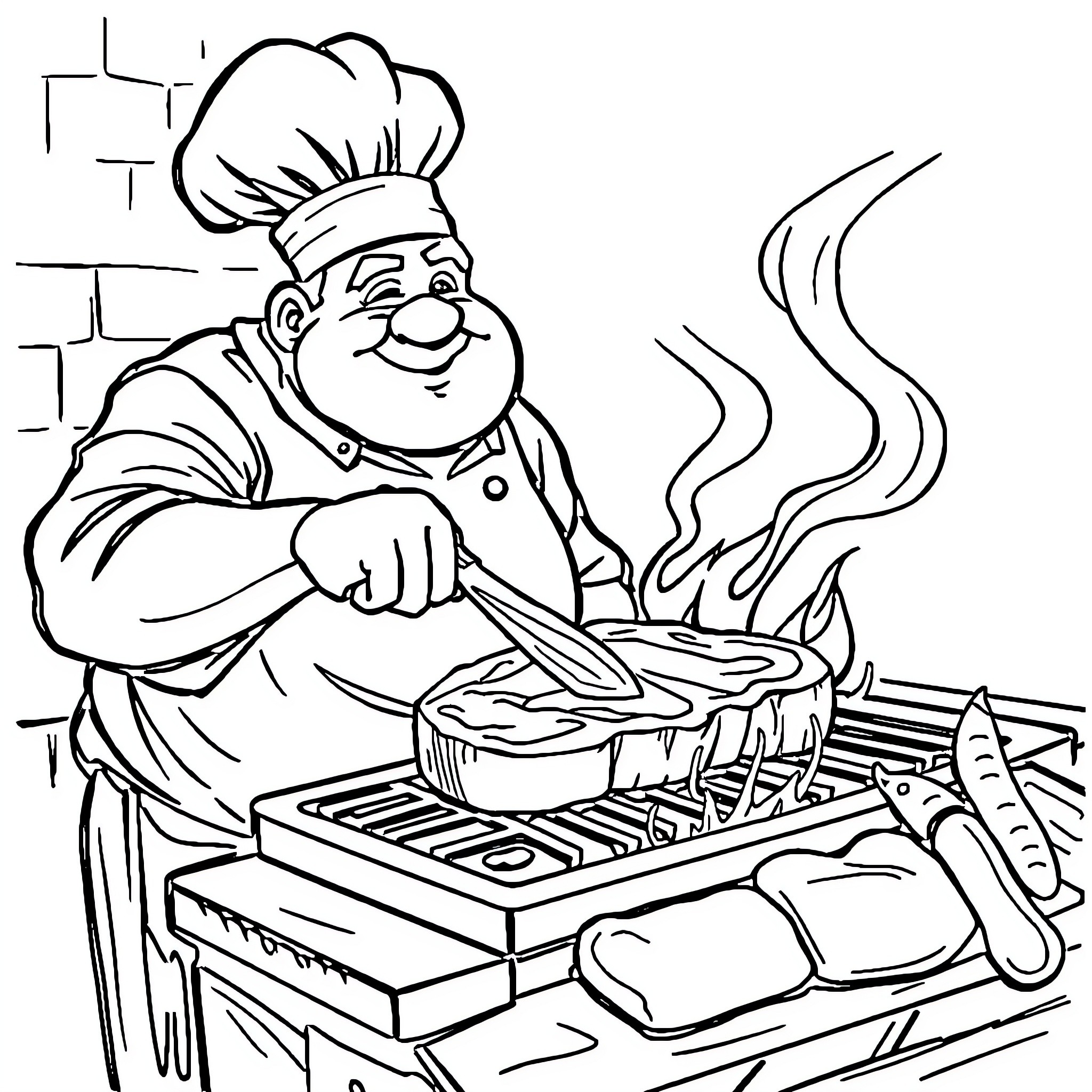 Chef cooking and preparing delicious food Coloring Page (free black-and-white line drawing printable PDF for all, from beginners to advanced learners, including children, teens, adults, and seniors)