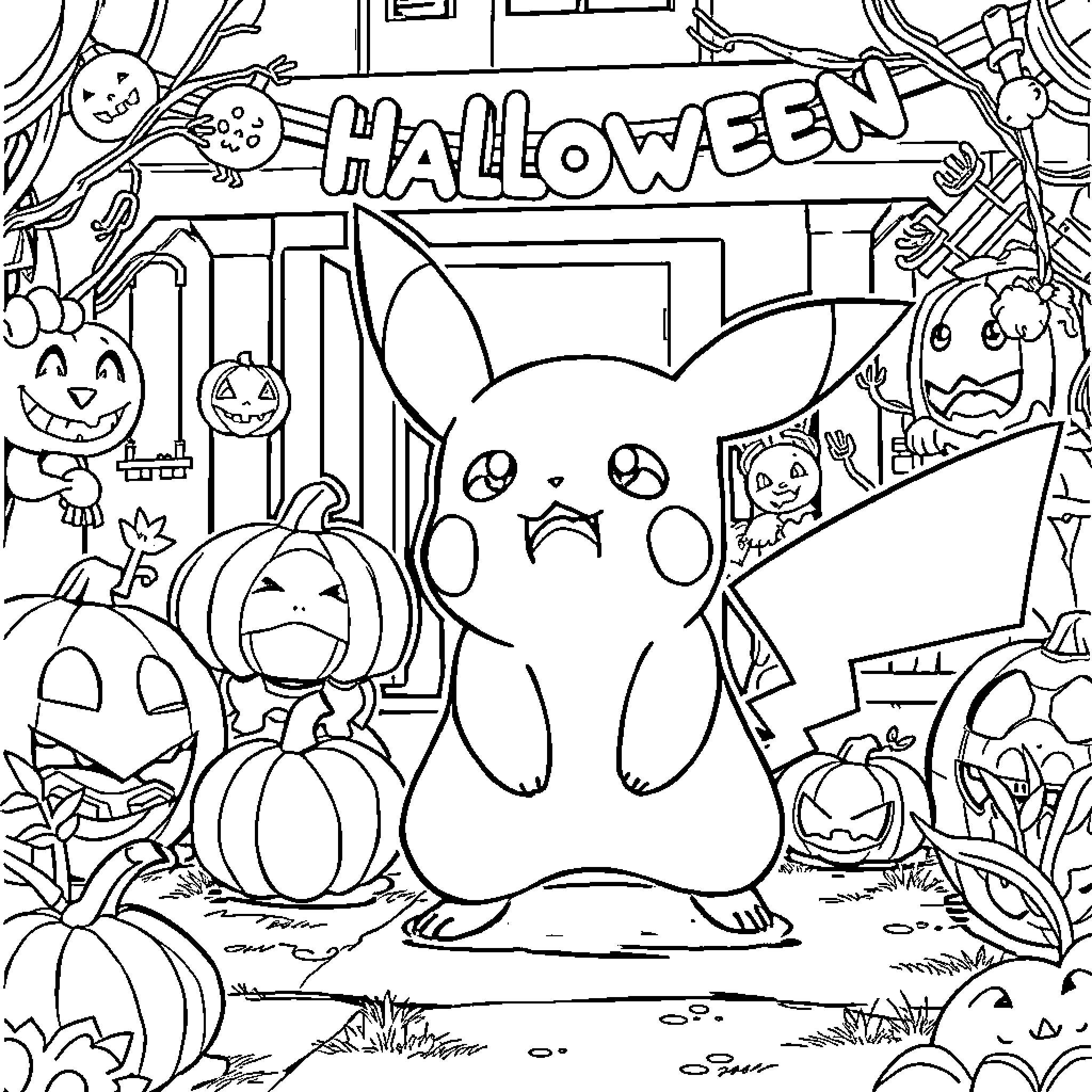 Pokémon celebrating Halloween with jack-o'-lanterns and spooky decorations Coloring Page (free black-and-white line drawing printable PDF for all, from beginners to advanced learners, including children, teens, adults, and seniors)