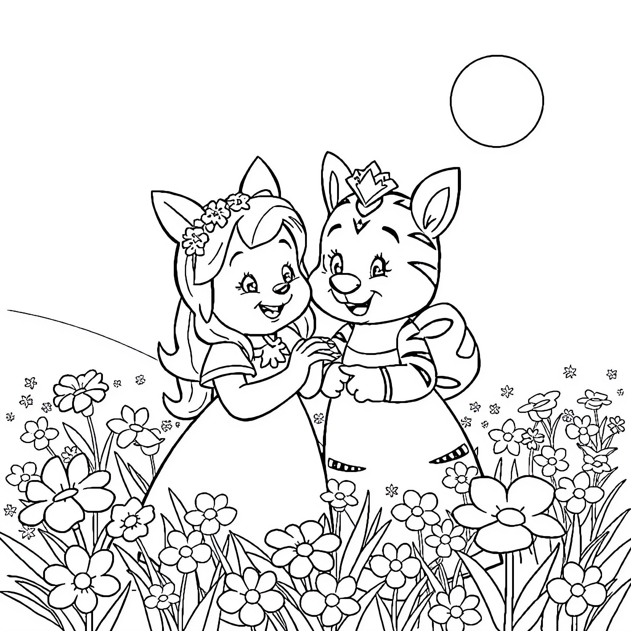 Winnie and Bunny Enjoying a Floral Meadow Coloring Page (free black-and-white line drawing printable PDF for all, from beginners to advanced learners, including children, teens, adults, and seniors)