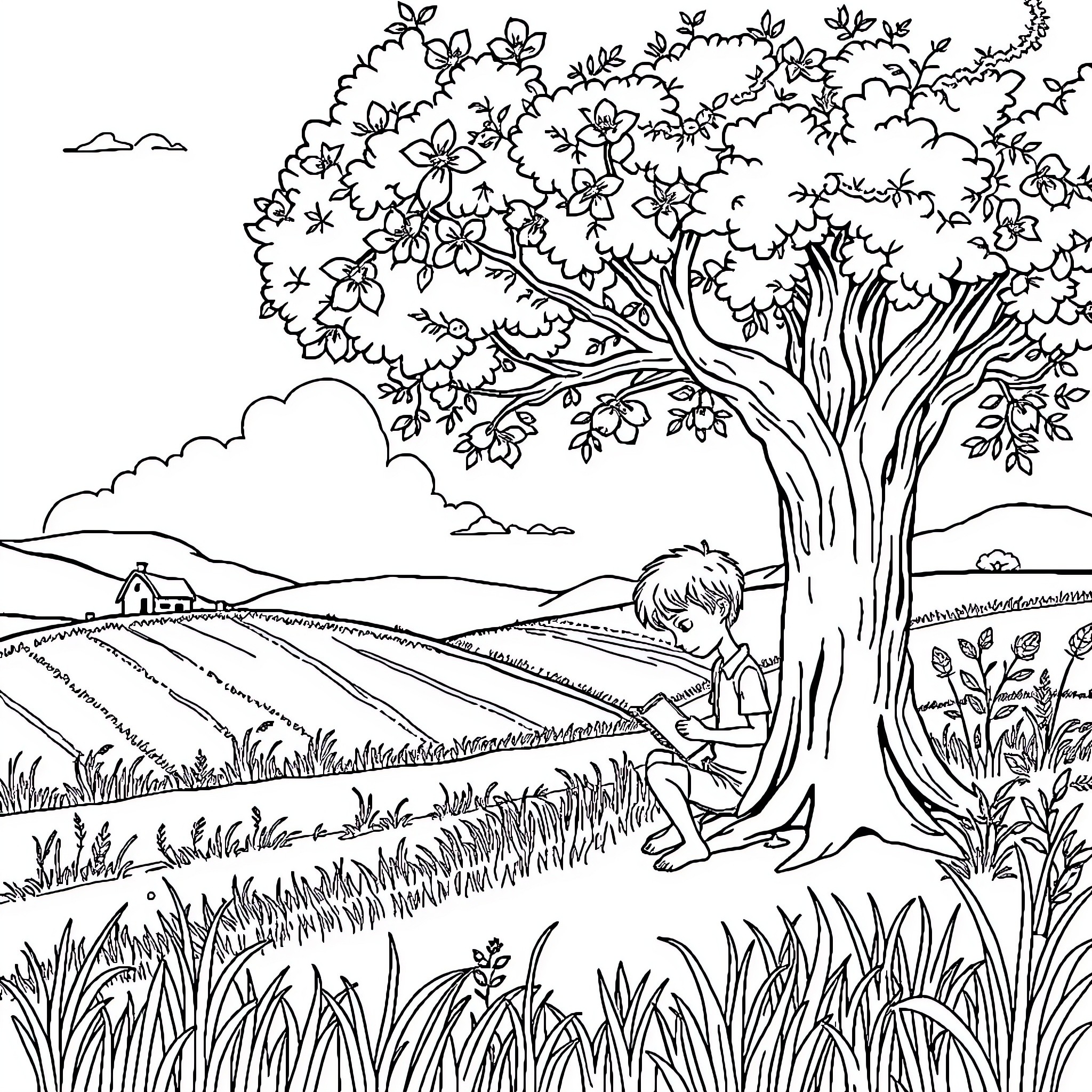 Boy sitting peacefully under a blossoming tree Coloring Page (free black-and-white line drawing printable PDF for all, from beginners to advanced learners, including children, teens, adults, and seniors)