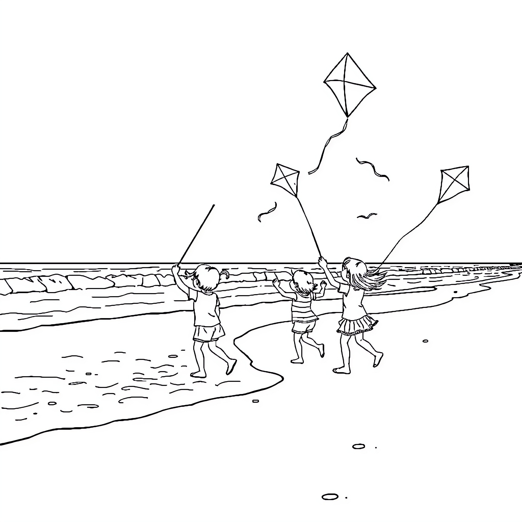 Kids flying kites at the beach Coloring Page (free black-and-white line drawing printable PDF for all, from beginners to advanced learners, including children, teens, adults, and seniors)
