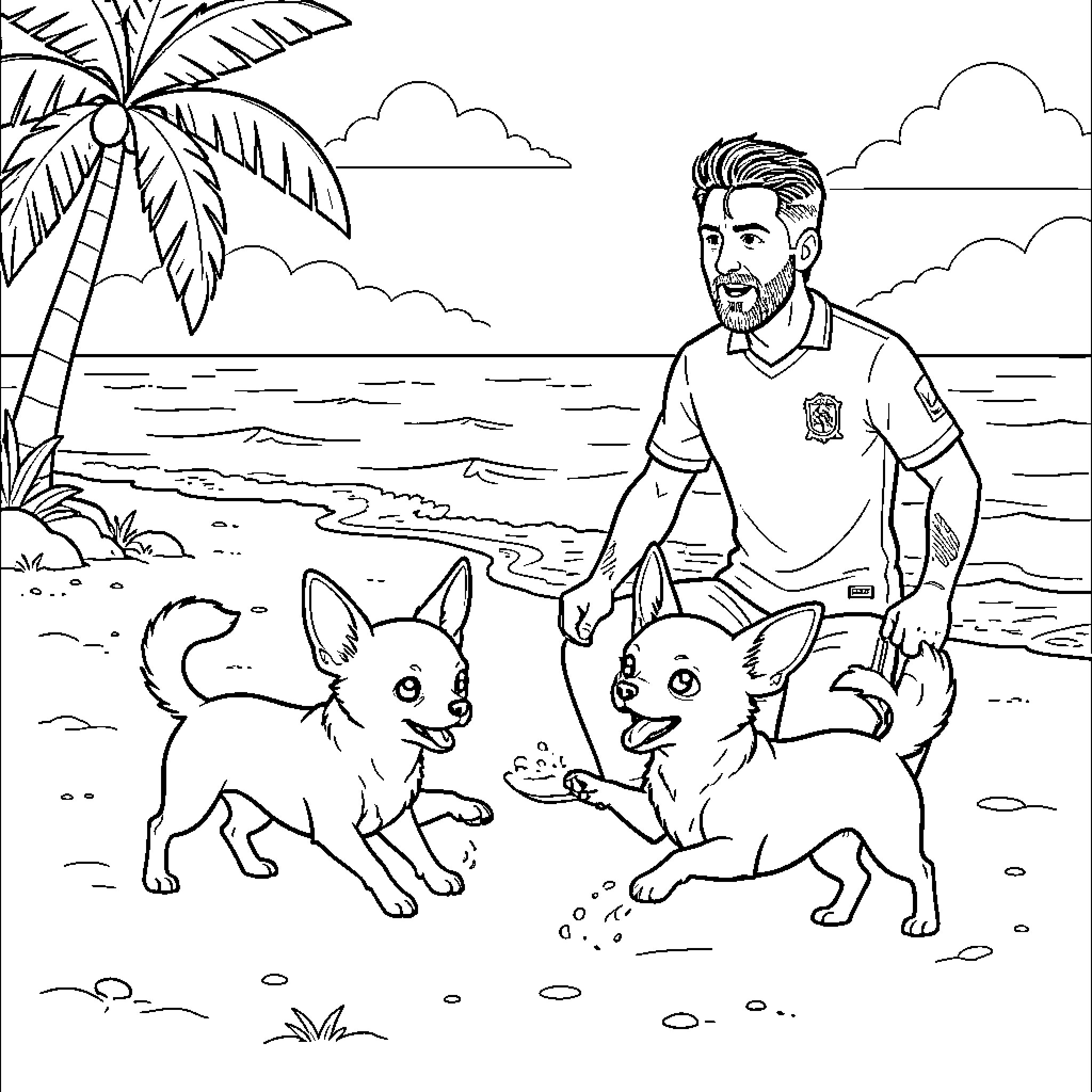 Chihuahua puppies playing joyfully on a sunny beach Coloring Page (free black-and-white line drawing printable PDF for all, from beginners to advanced learners, including children, teens, adults, and seniors)