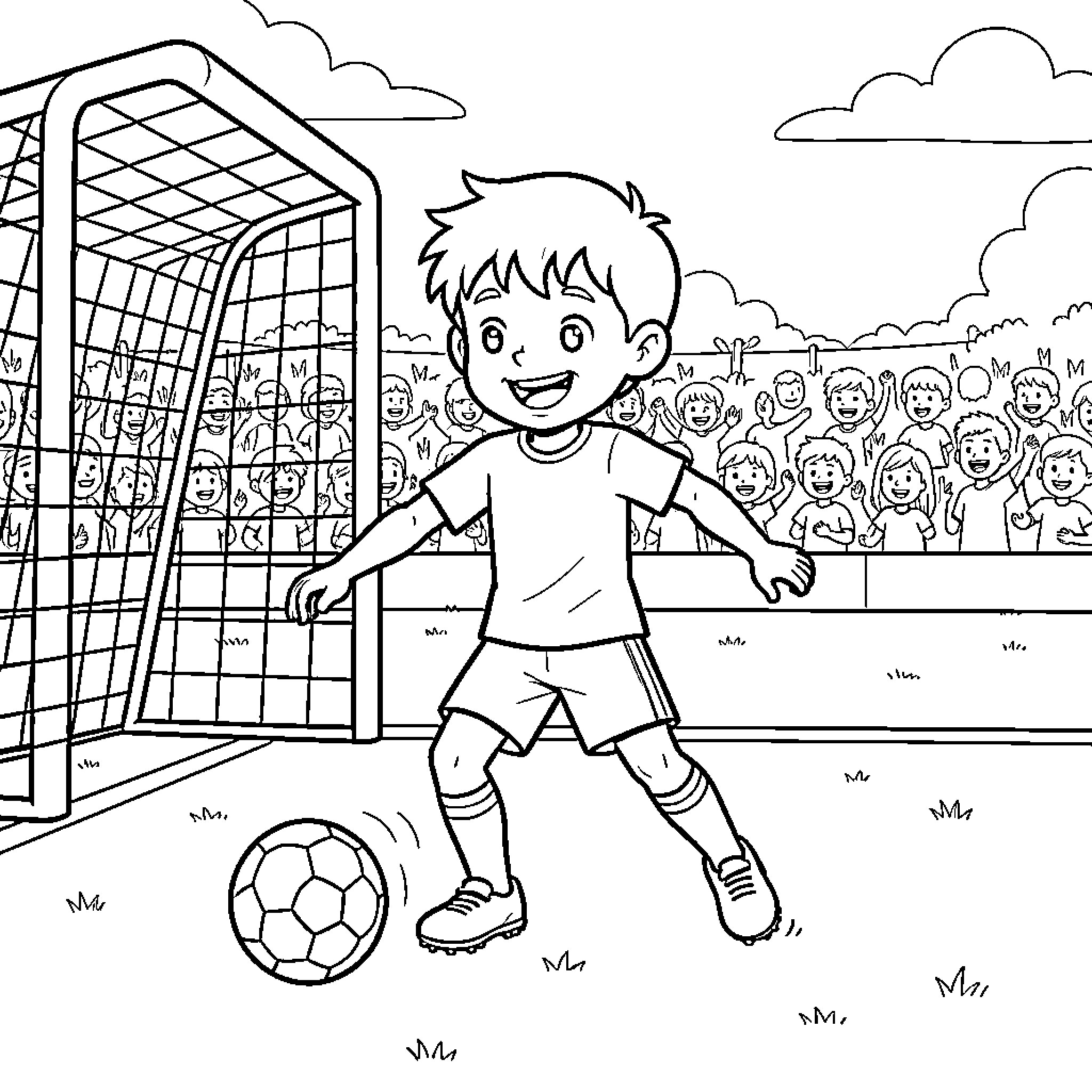 Child Soccer Player Scoring Goal on Field Coloring Page (free black-and-white line drawing printable PDF for all, from beginners to advanced learners, including children, teens, adults, and seniors)
