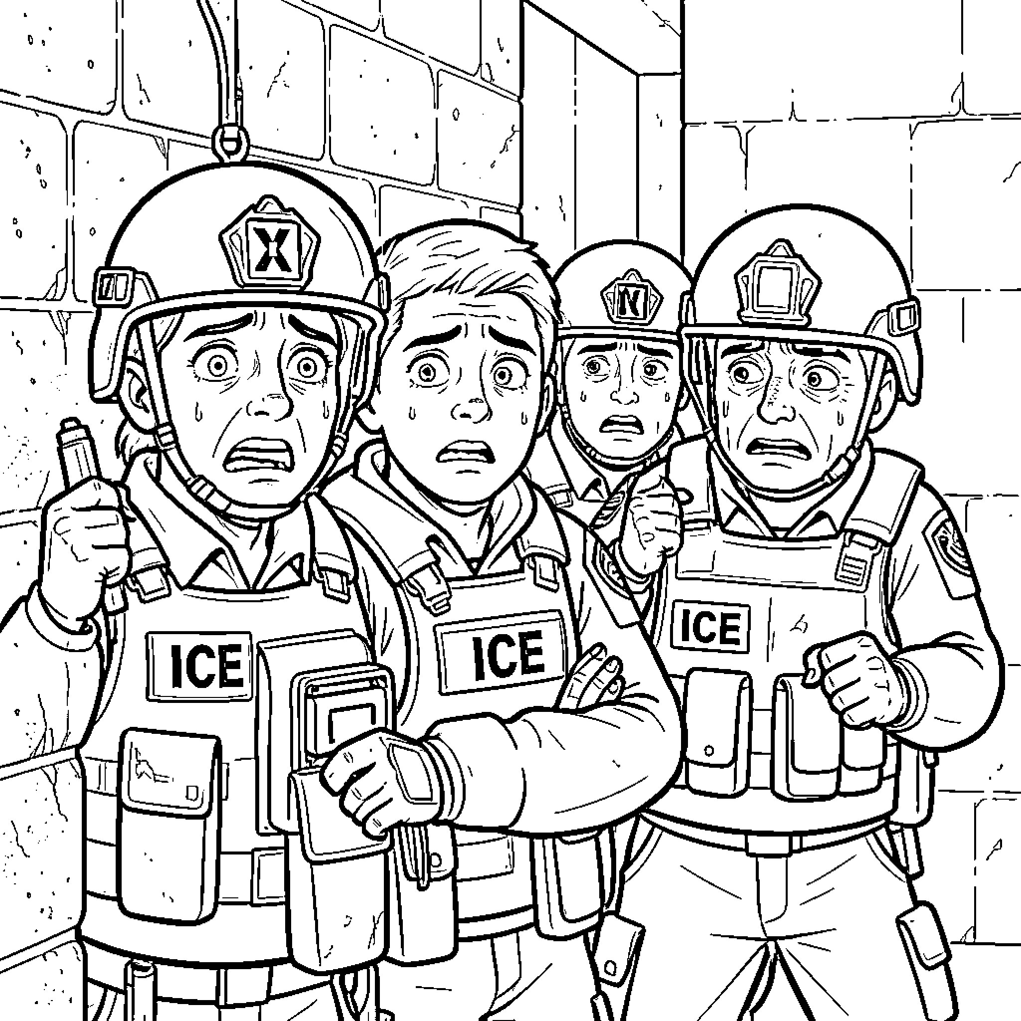 Ice Agents Facing Dangerous Situation Coloring Page (free black-and-white line drawing printable PDF for all, from beginners to advanced learners, including children, teens, adults, and seniors)