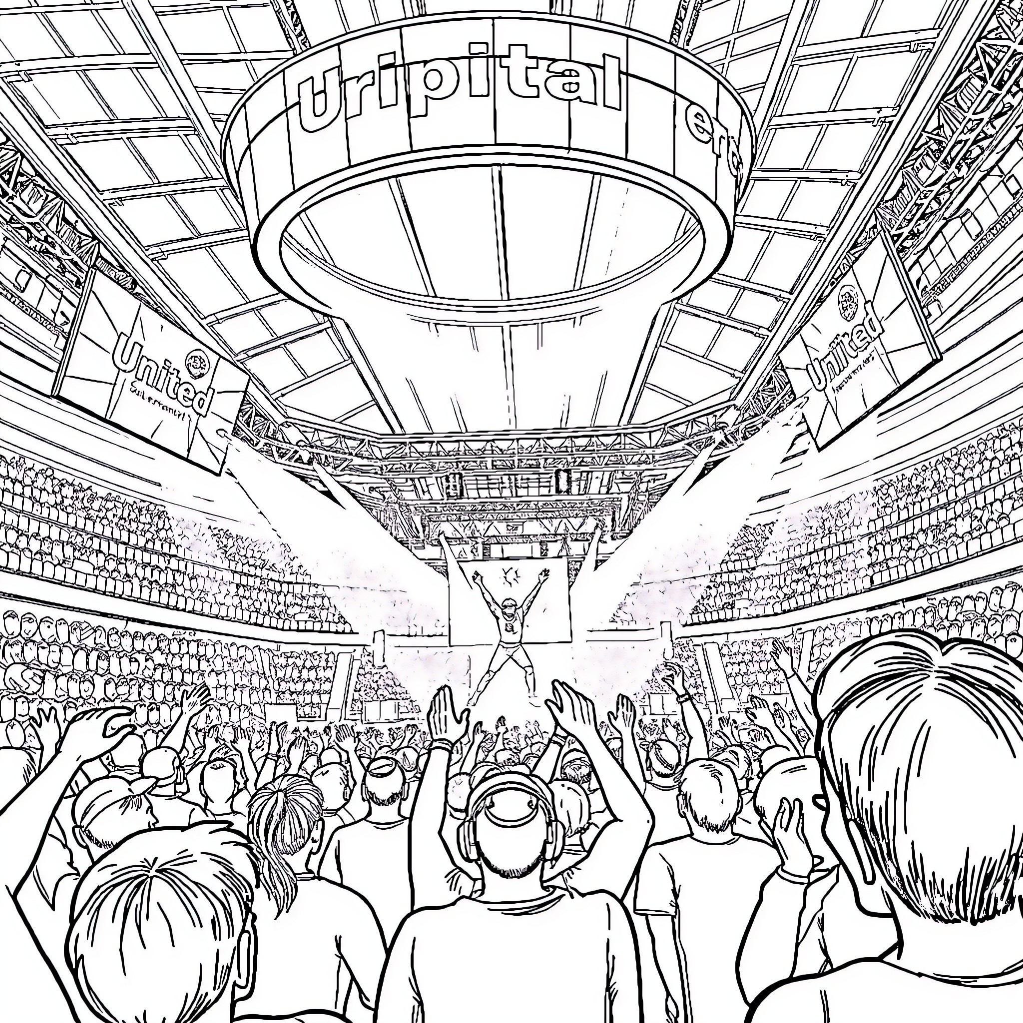 Concert Crowd Cheering and Applauding on Stage Coloring Page (free black-and-white line drawing printable PDF for all, from beginners to advanced learners, including children, teens, adults, and seniors)