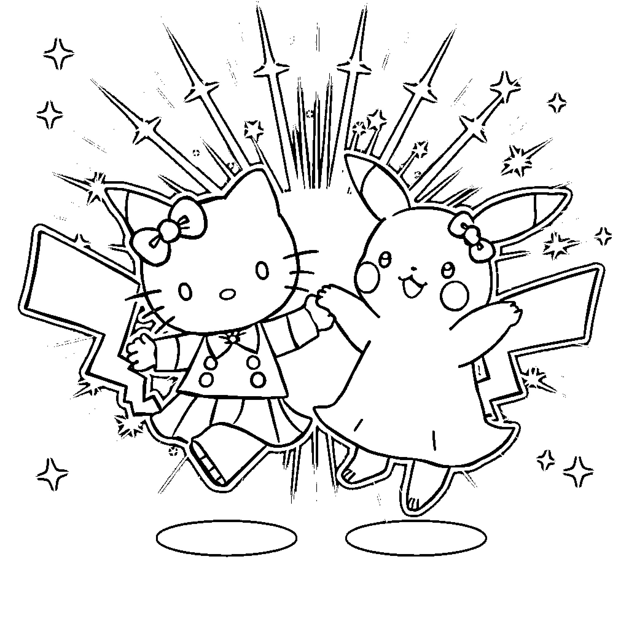 Hello Kitty and Friends in Sparkling Celebration Coloring Page (free black-and-white line drawing printable PDF for all, from beginners to advanced learners, including children, teens, adults, and seniors)