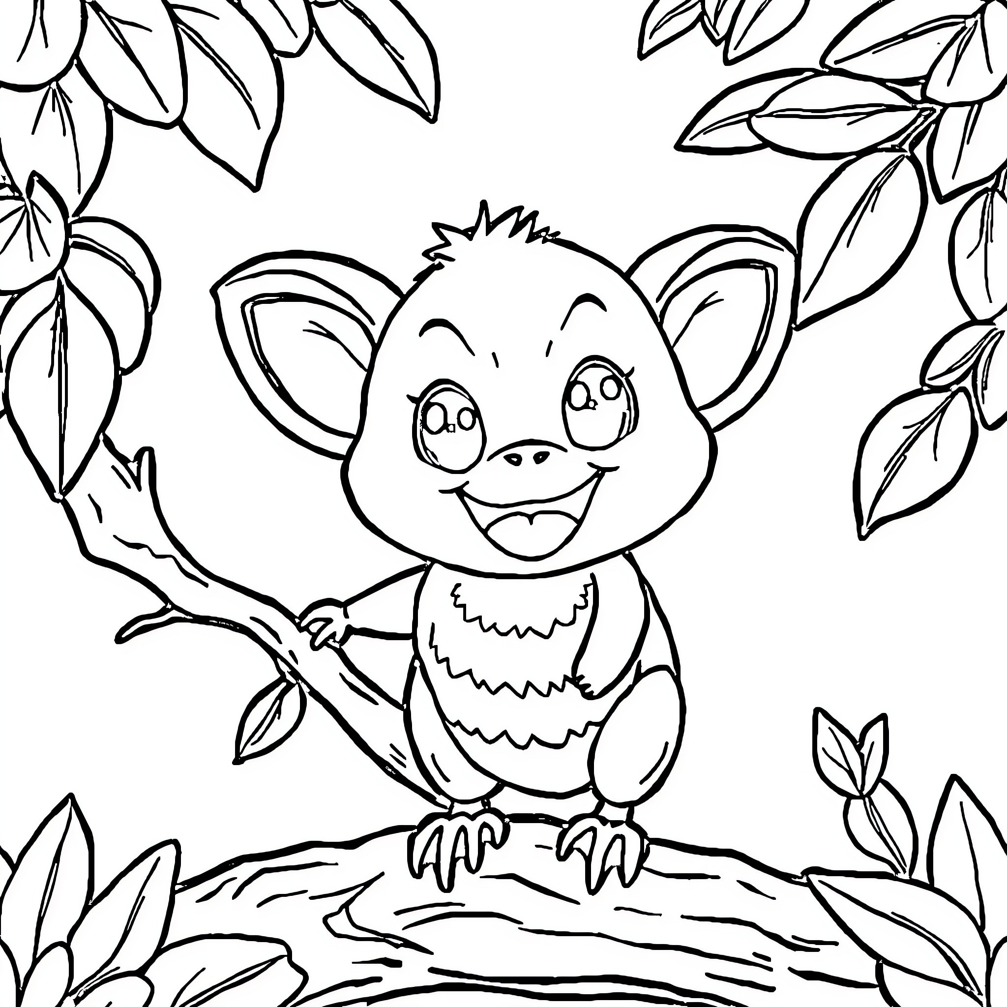 Labubu the Playful Creature in the Leafy Surroundings Coloring Page (free black-and-white line drawing printable PDF for all, from beginners to advanced learners, including children, teens, adults, and seniors)