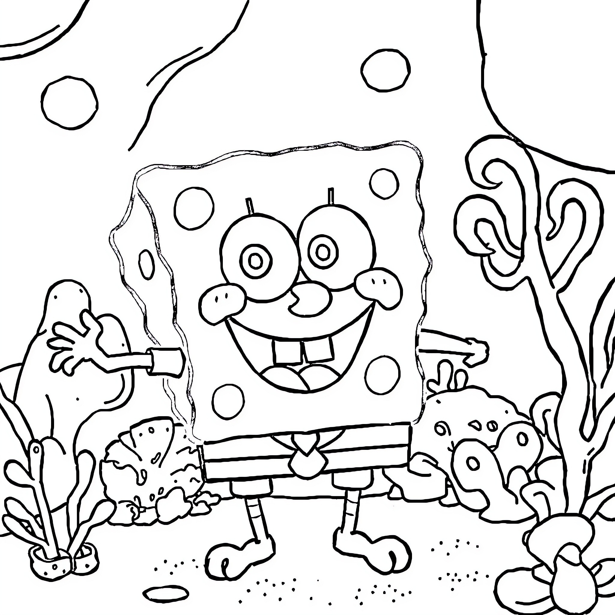 Spongebob happily exploring the underwater scene Coloring Page (free black-and-white line drawing printable PDF for all, from beginners to advanced learners, including children, teens, adults, and seniors)