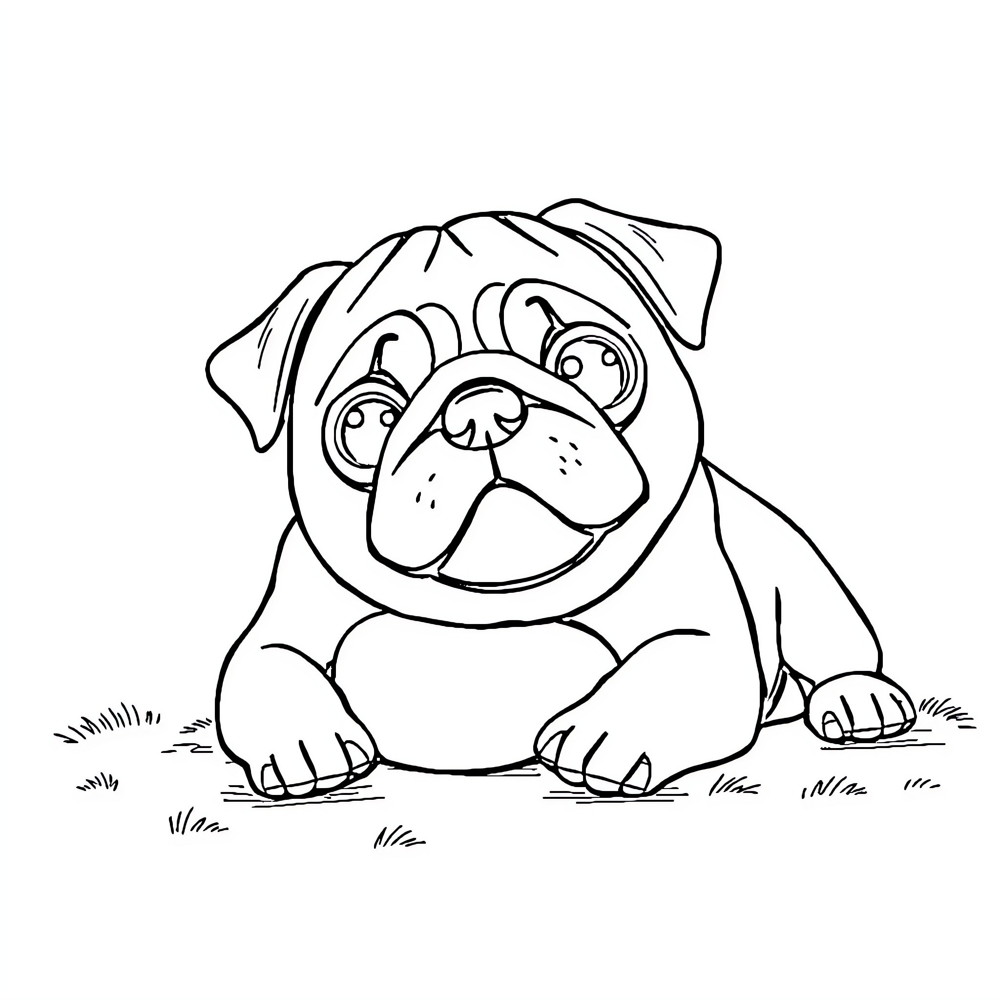 Pug resting playfully on the grass Coloring Page (free black-and-white line drawing printable PDF for all, from beginners to advanced learners, including children, teens, adults, and seniors)