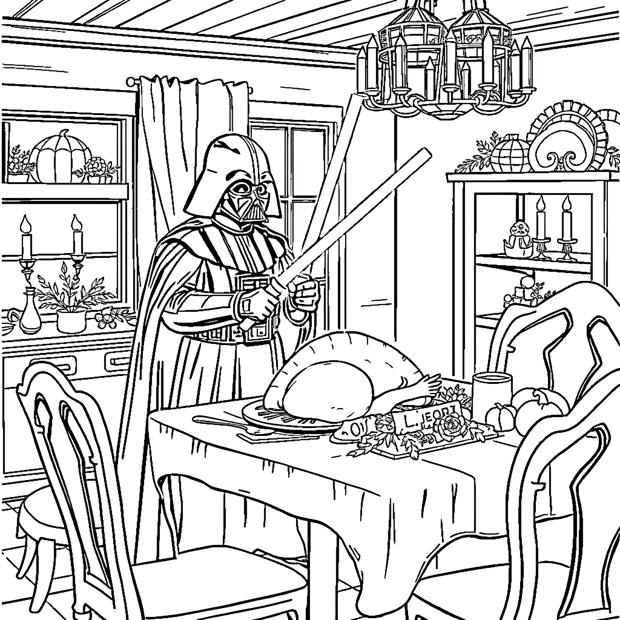 Darth Vader Preparing a Festive Meal Coloring Page (free black-and-white line drawing printable PDF for all, from beginners to advanced learners, including children, teens, adults, and seniors)