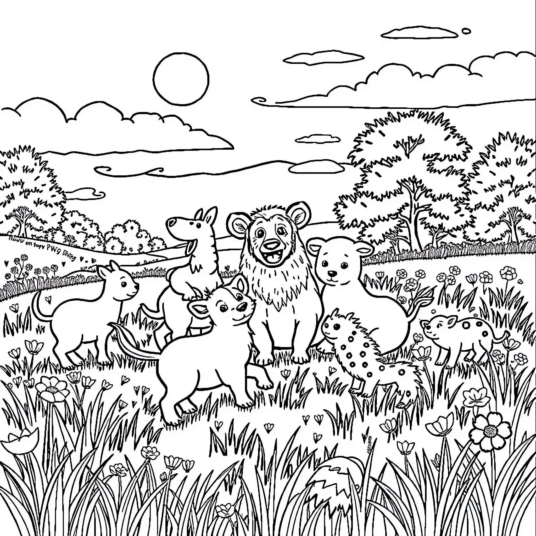 Animal friends in a lush forest landscape Coloring Page (free black-and-white line drawing printable PDF for all, from beginners to advanced learners, including children, teens, adults, and seniors)