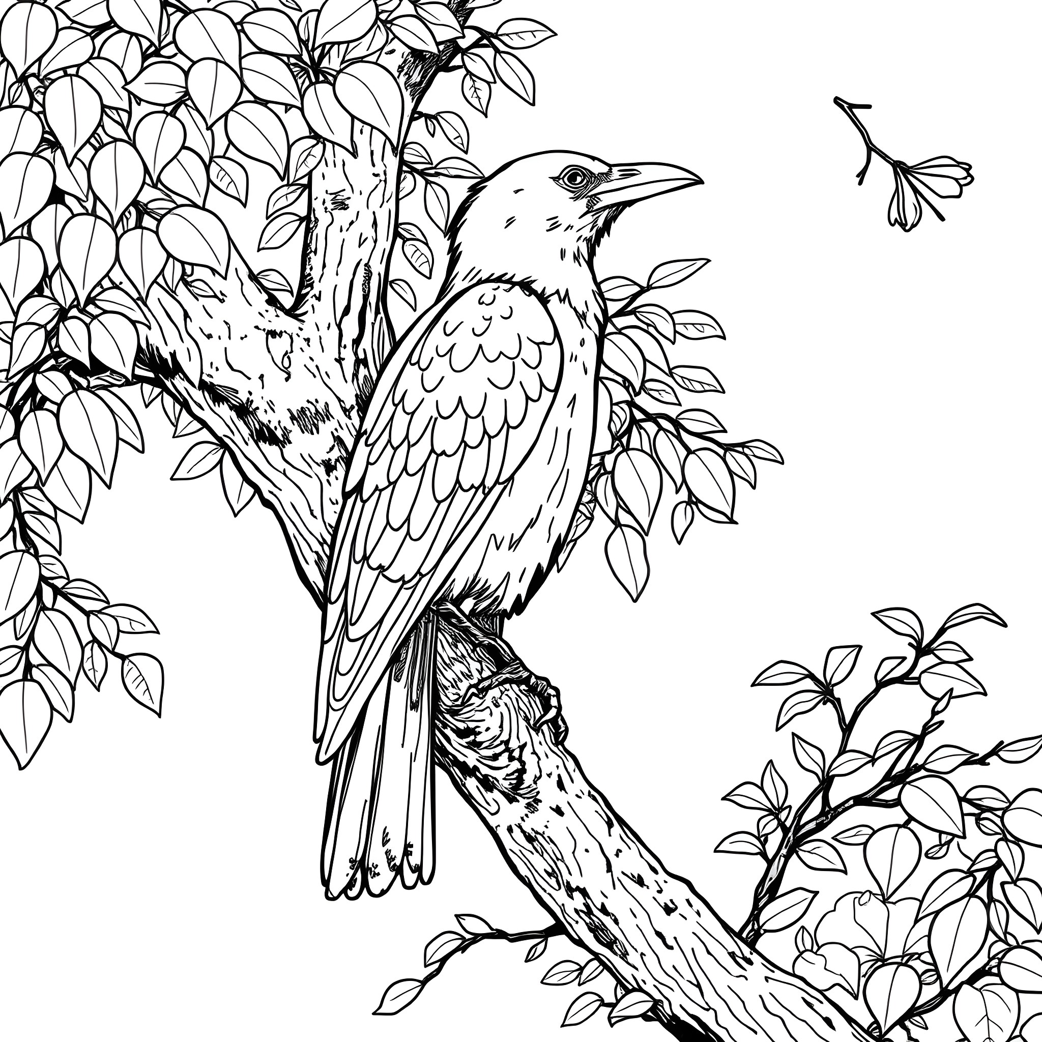 Crow perched on tree branch in nature Coloring Page (free black-and-white line drawing printable PDF for all, from beginners to advanced learners, including children, teens, adults, and seniors)