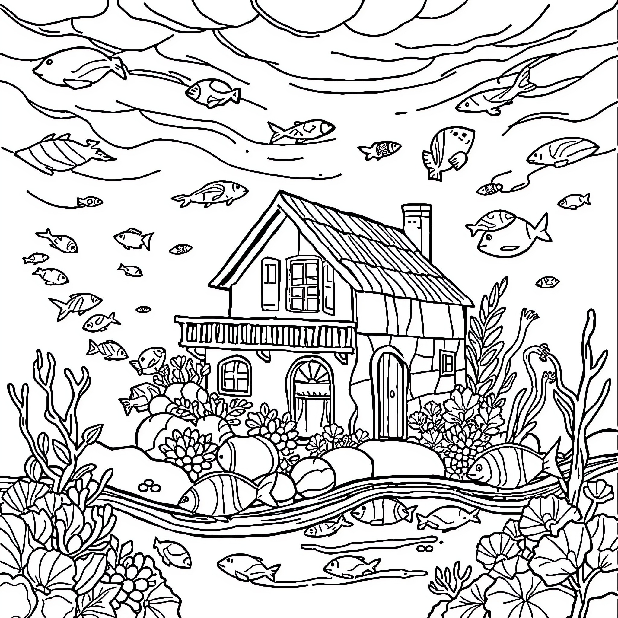 House surrounded by underwater world with marine life Coloring Page (free black-and-white line drawing printable PDF for all, from beginners to advanced learners, including children, teens, adults, and seniors)