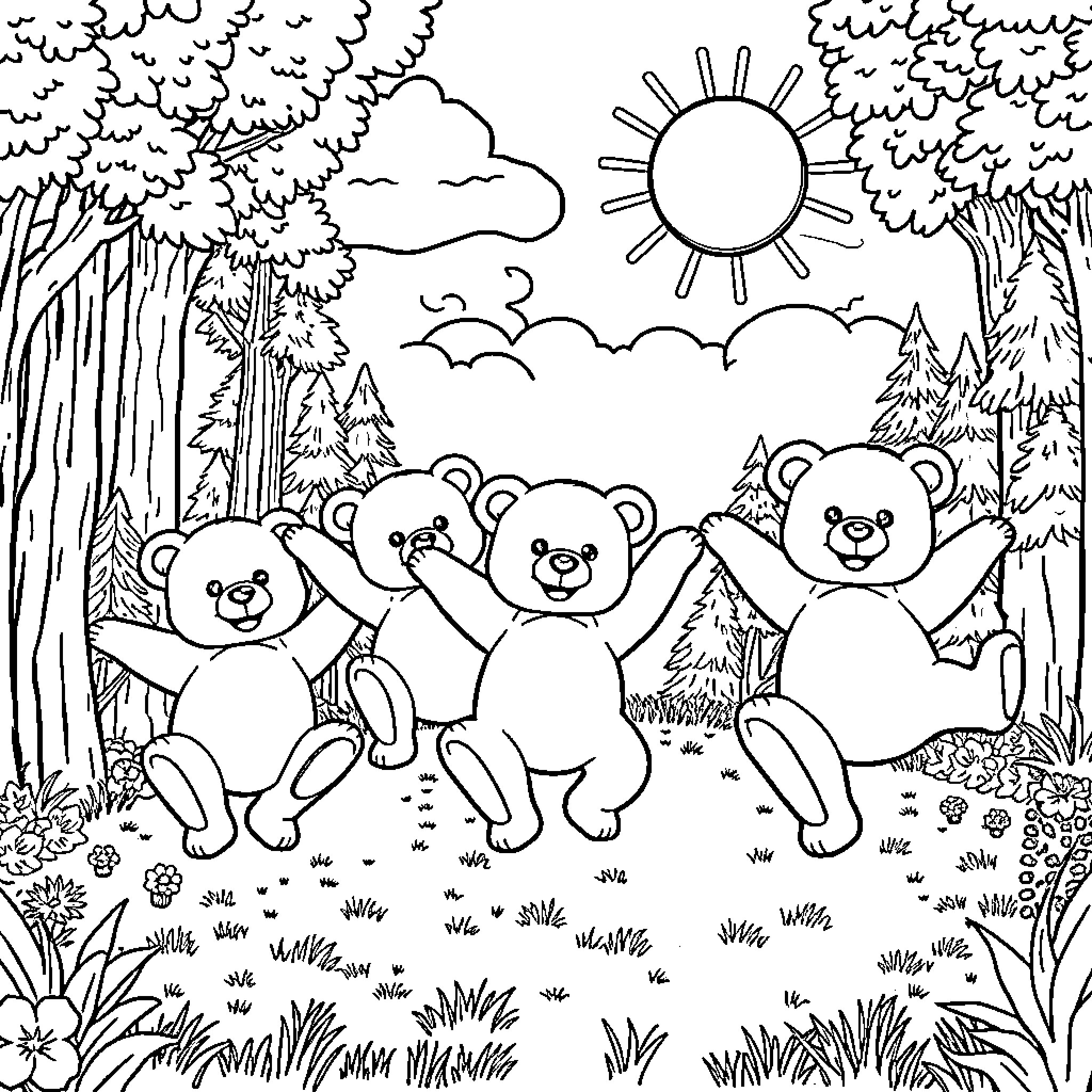 Teddy Bears Enjoying the Outdoors Coloring Page (free black-and-white line drawing printable PDF for all, from beginners to advanced learners, including children, teens, adults, and seniors)