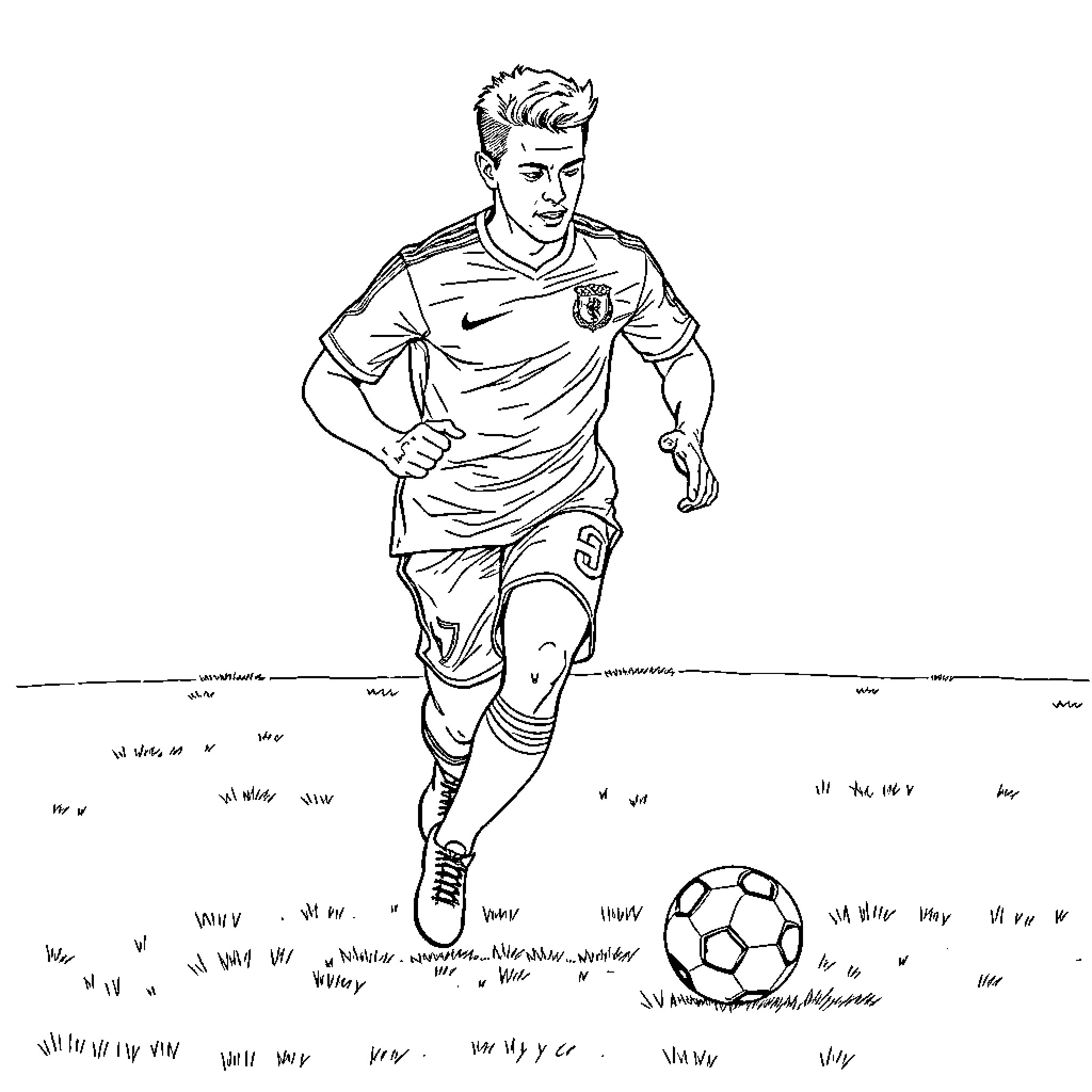 Footballer in action with soccer ball on field Coloring Page (free black-and-white line drawing printable PDF for all, from beginners to advanced learners, including children, teens, adults, and seniors)