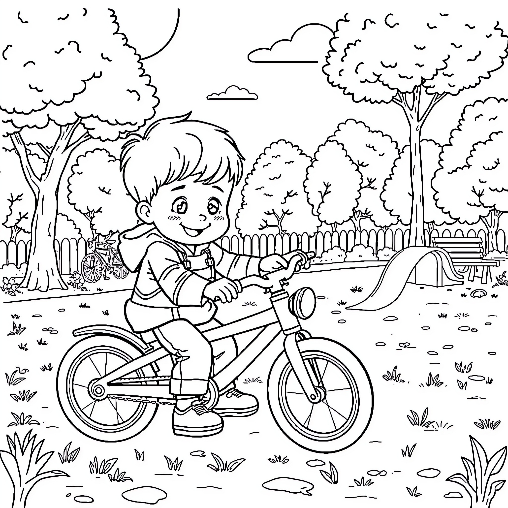 Toddler happily riding a bicycle in the park Coloring Page (free black-and-white line drawing printable PDF for all, from beginners to advanced learners, including children, teens, adults, and seniors)