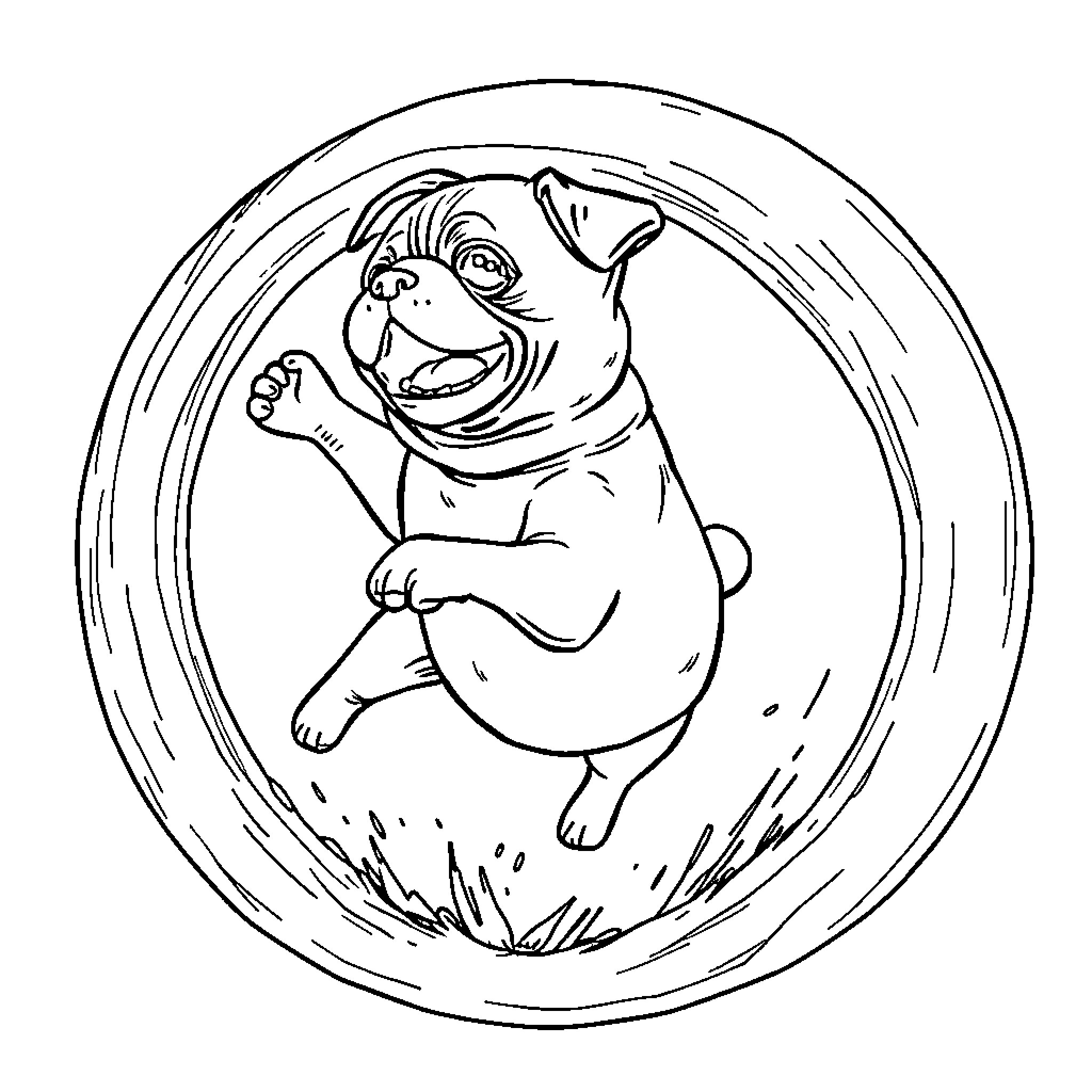 Pug jumping for joy in a circular frame Coloring Page (free black-and-white line drawing printable PDF for all, from beginners to advanced learners, including children, teens, adults, and seniors)