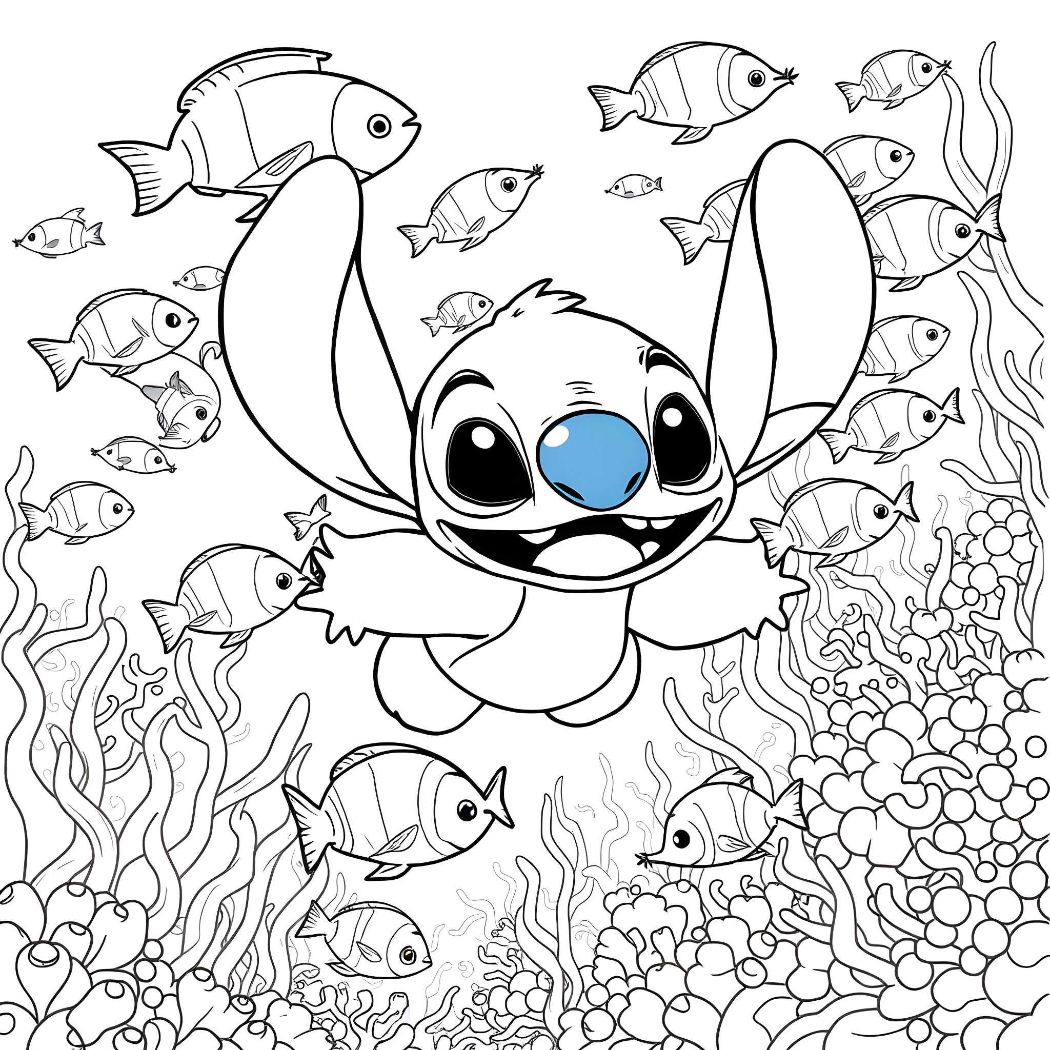 Stitch Exploring the Underwater World Coloring Page (free black-and-white line drawing printable PDF for all, from beginners to advanced learners, including children, teens, adults, and seniors)