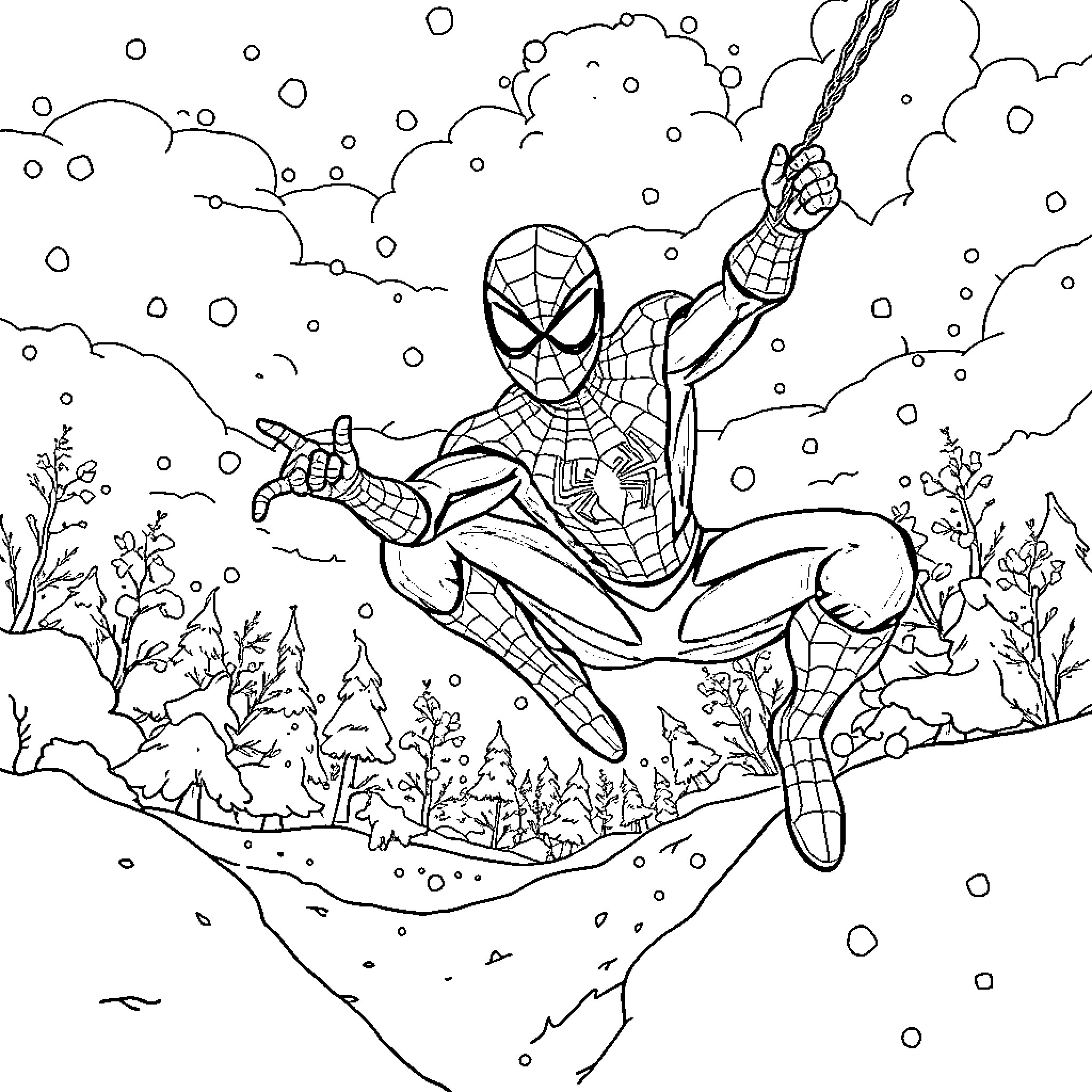 Spiderman swinging through a snowy winter scene Coloring Page (free black-and-white line drawing printable PDF for all, from beginners to advanced learners, including children, teens, adults, and seniors)