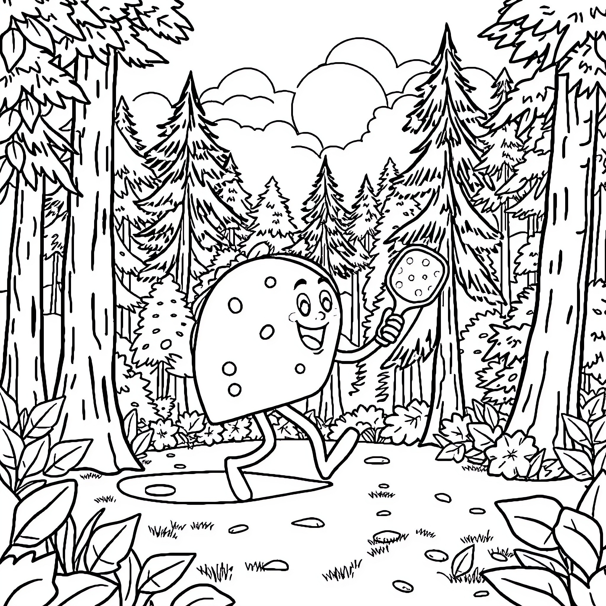 Taco exploring the whimsical forest Coloring Page (free black-and-white line drawing printable PDF for all, from beginners to advanced learners, including children, teens, adults, and seniors)