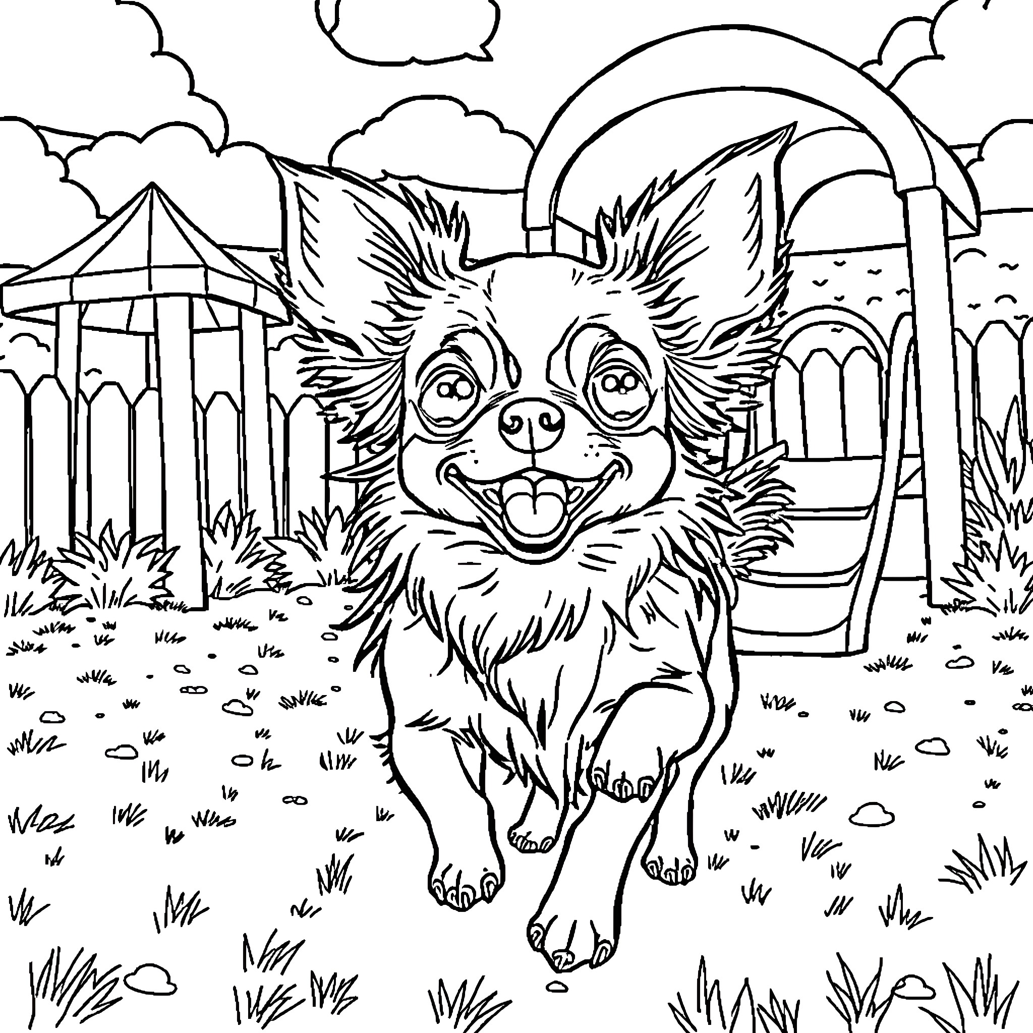 Chihuahua enjoying the outdoors happily Coloring Page (free black-and-white line drawing printable PDF for all, from beginners to advanced learners, including children, teens, adults, and seniors)