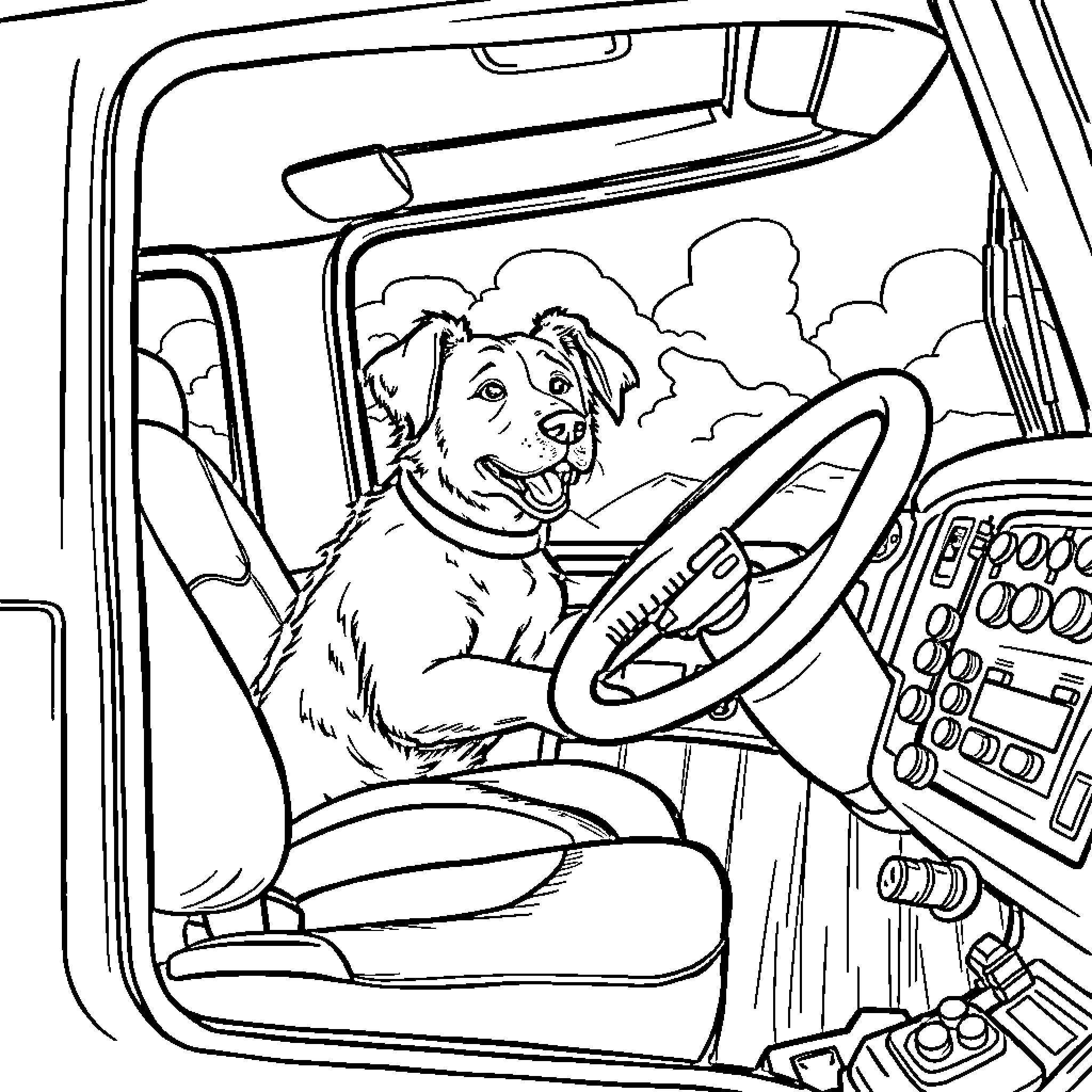 Dog driving a car happily on the road Coloring Page (free black-and-white line drawing printable PDF for all, from beginners to advanced learners, including children, teens, adults, and seniors)