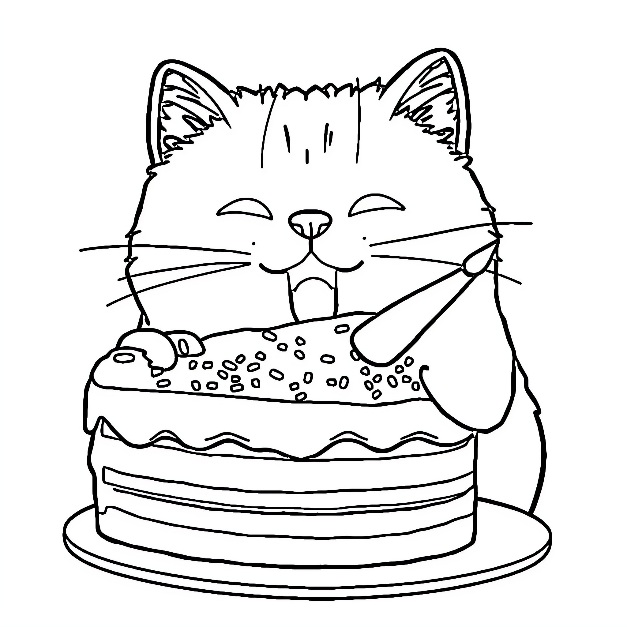 Pusheen enjoying a delightful cake Coloring Page (free black-and-white line drawing printable PDF for all, from beginners to advanced learners, including children, teens, adults, and seniors)
