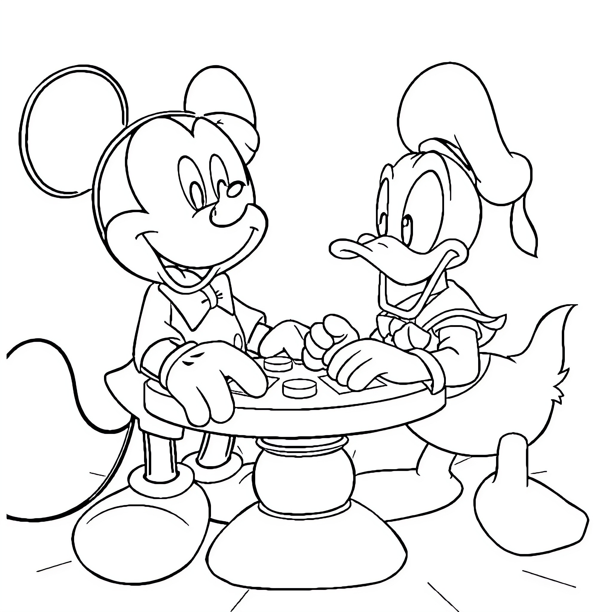 Disney Characters Enjoying a Meal Together Coloring Page (free black-and-white line drawing printable PDF for all, from beginners to advanced learners, including children, teens, adults, and seniors)