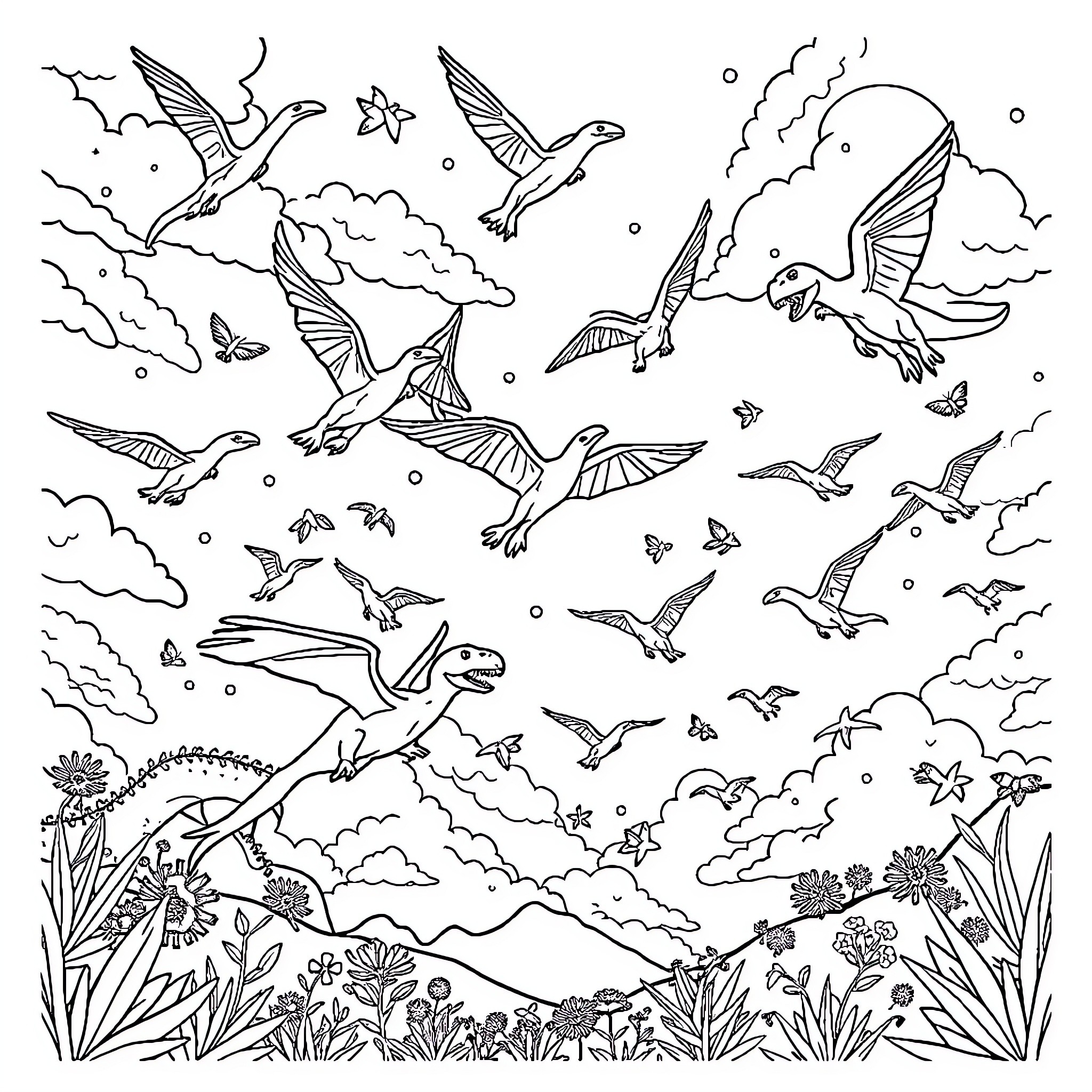 Dinosaur flock soaring through cloudy skies Coloring Page (free black-and-white line drawing printable PDF for all, from beginners to advanced learners, including children, teens, adults, and seniors)