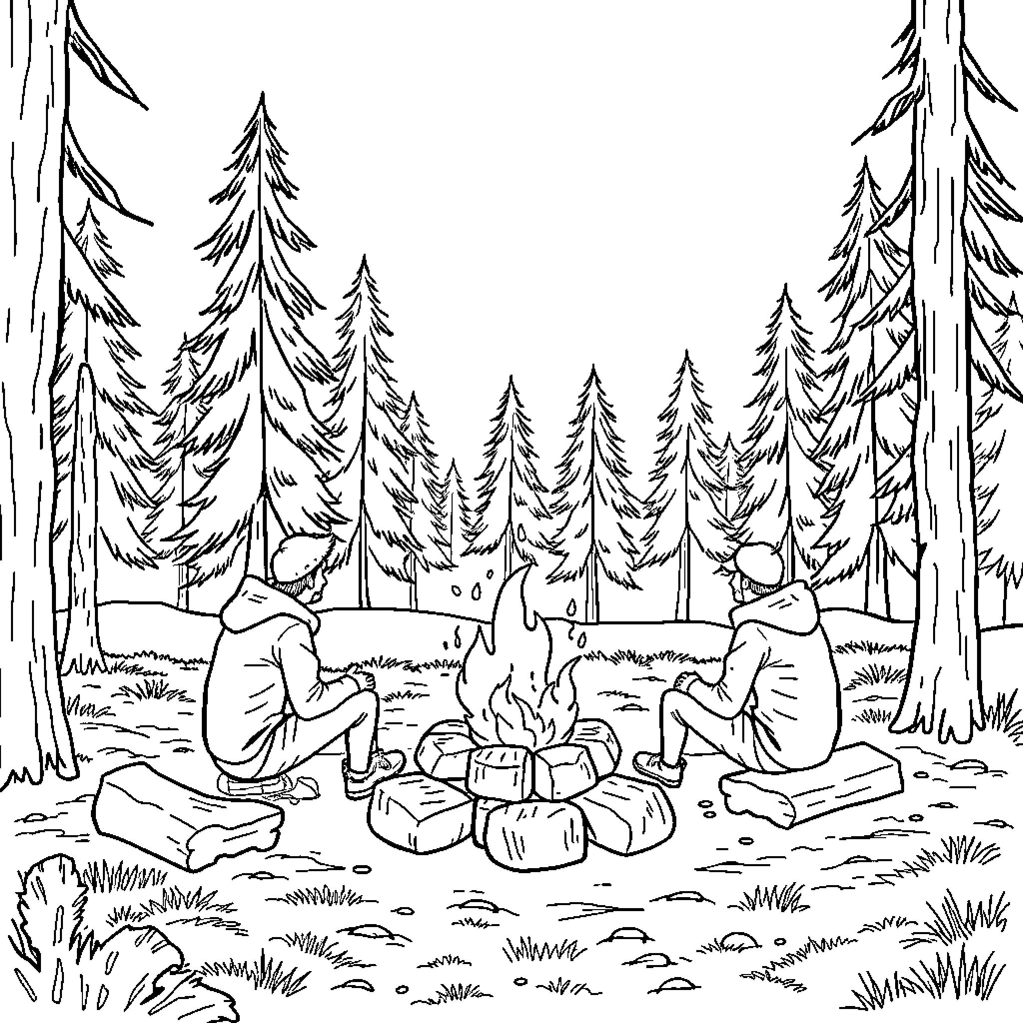 Friends Gathering Around Campfire in Peaceful Forest Coloring Page (free black-and-white line drawing printable PDF for all, from beginners to advanced learners, including children, teens, adults, and seniors)