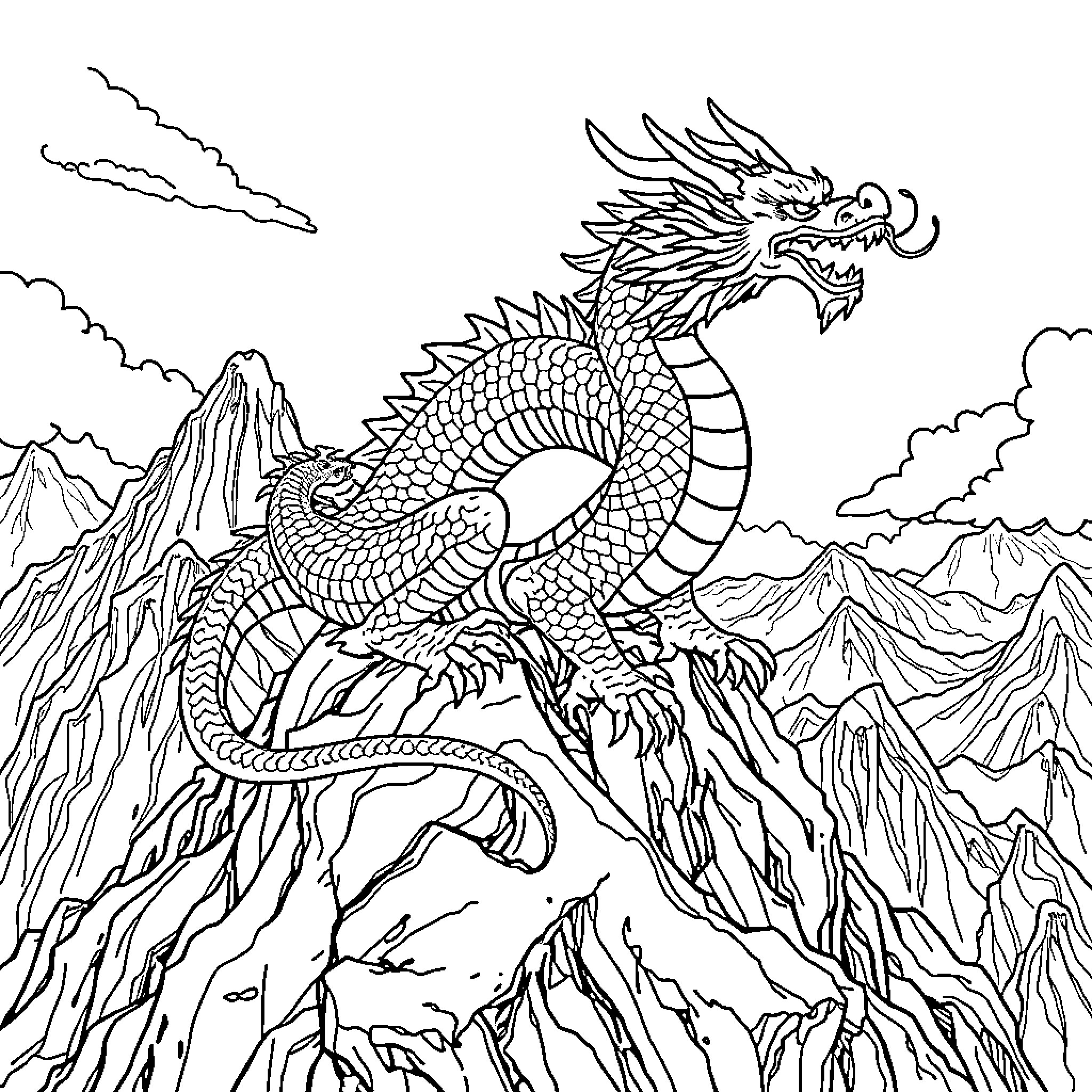 Dragon Soaring Majestically Over Rugged Mountain Peaks Coloring Page (free black-and-white line drawing printable PDF for all, from beginners to advanced learners, including children, teens, adults, and seniors)