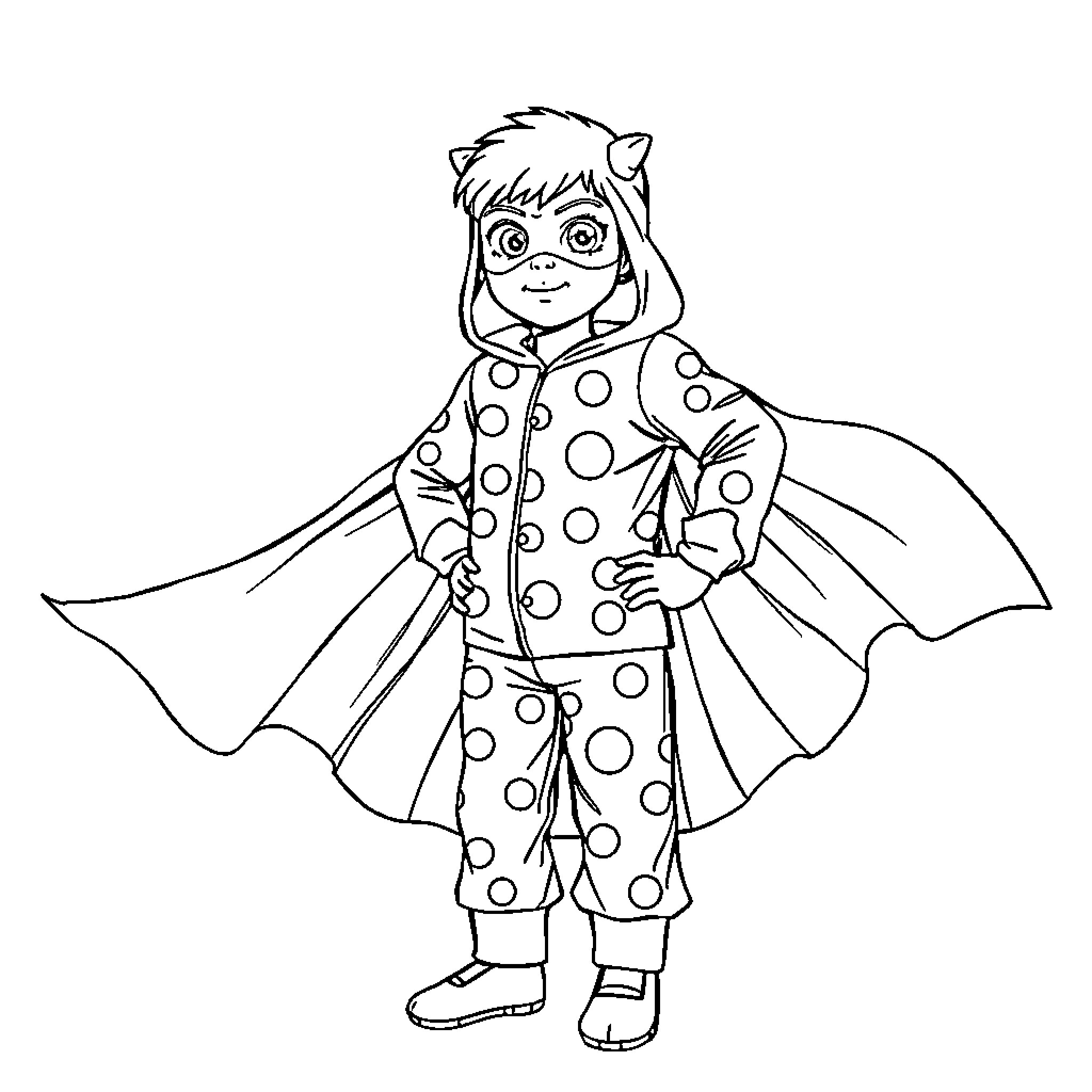 Pijamasque Costumed Child in Playful Pose Coloring Page (free black-and-white line drawing printable PDF for all, from beginners to advanced learners, including children, teens, adults, and seniors)
