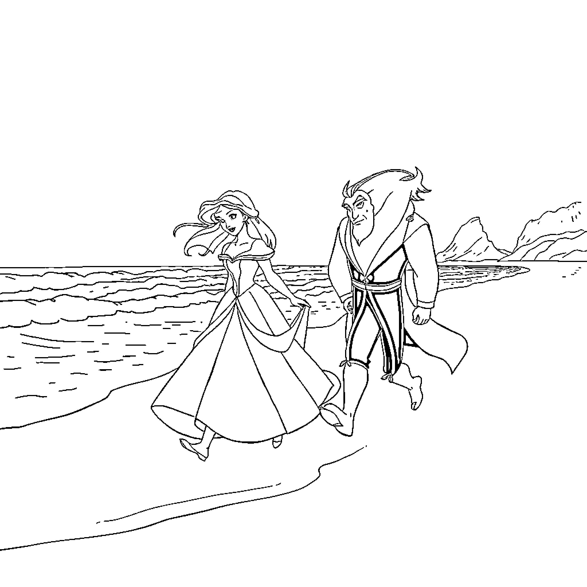 Beauty And The Beast Strolling By The Seashore Coloring Page (free black-and-white line drawing printable PDF for all, from beginners to advanced learners, including children, teens, adults, and seniors)
