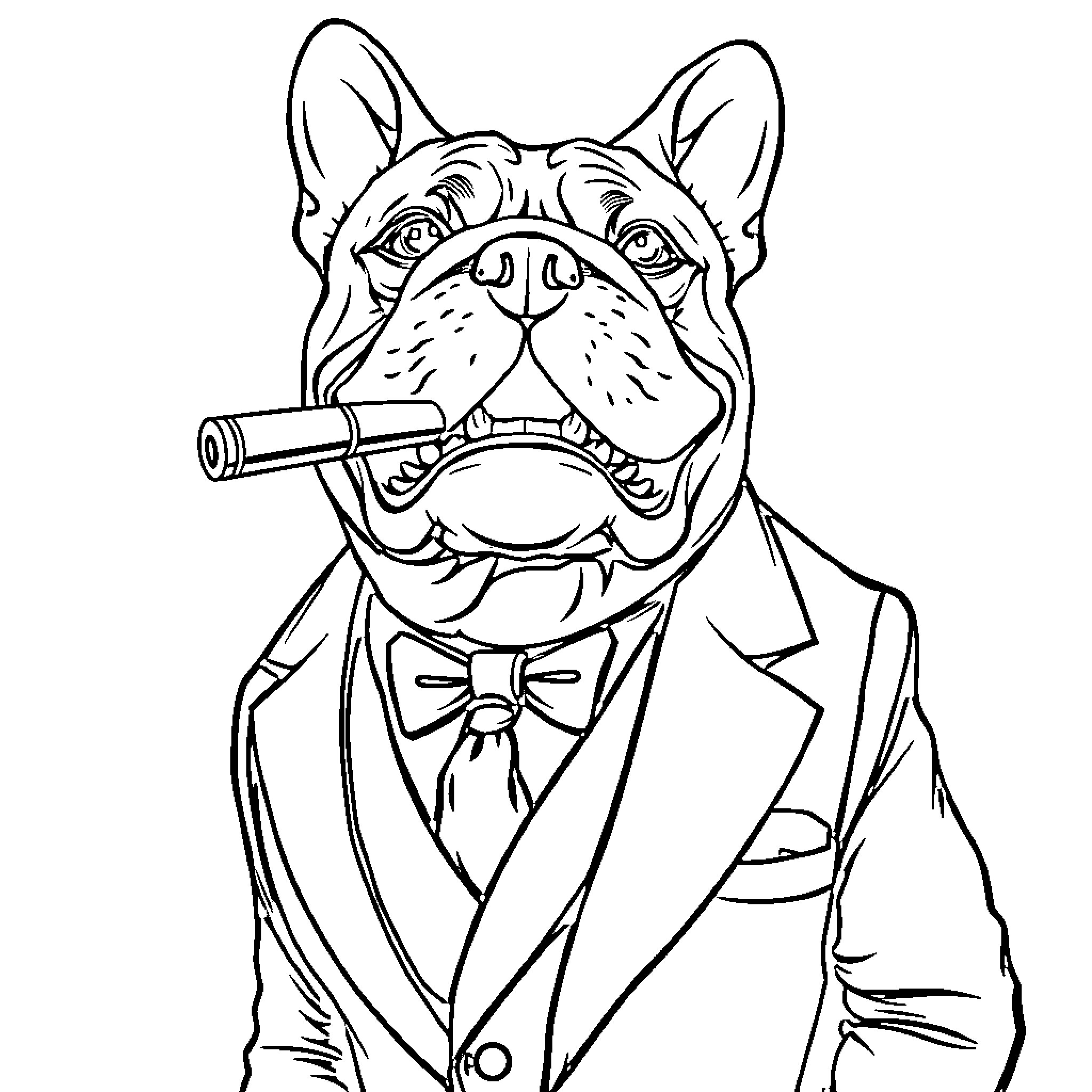 Bulldog dressed up in a tuxedo with a cigar Coloring Page (free black-and-white line drawing printable PDF for all, from beginners to advanced learners, including children, teens, adults, and seniors)