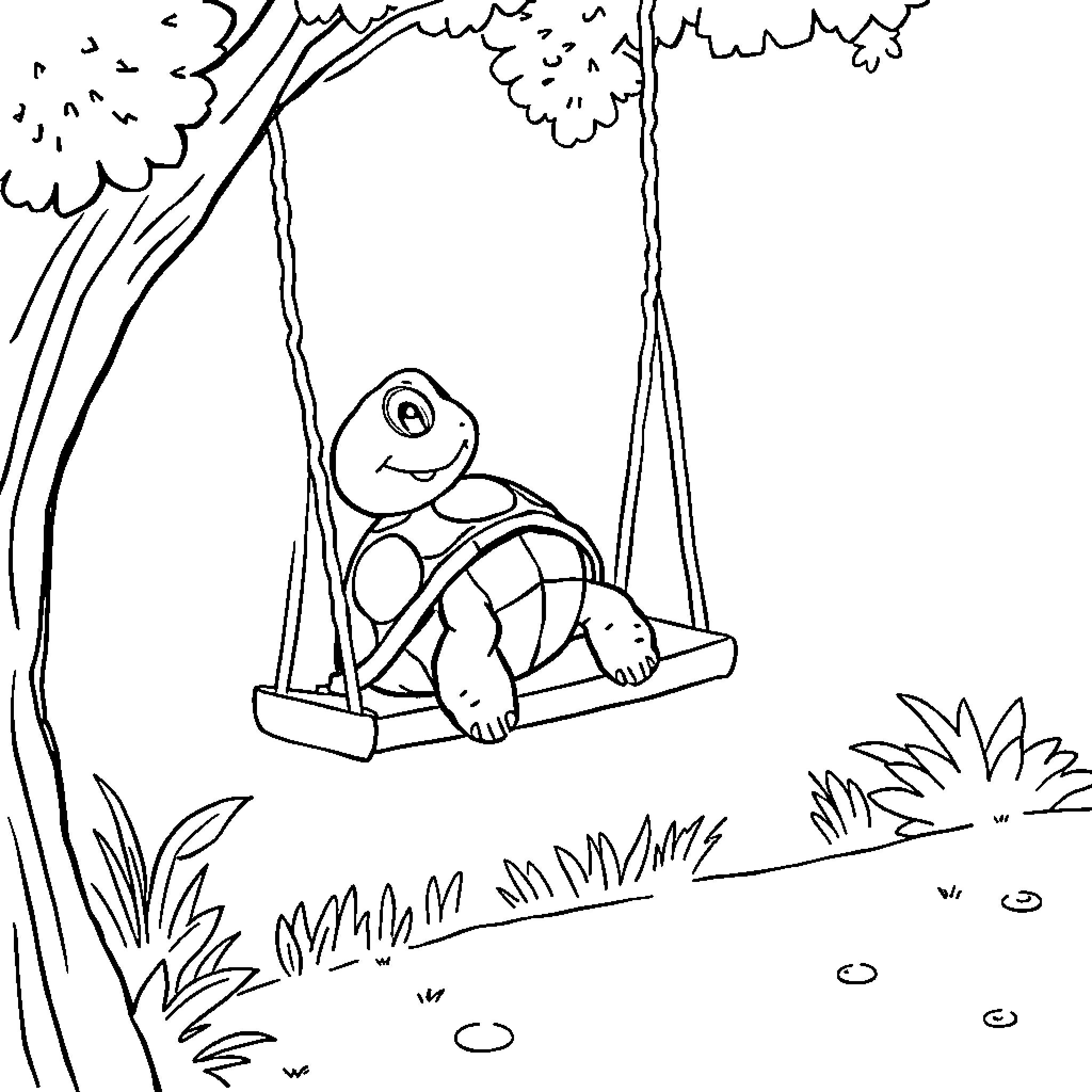 Turtle enjoying swing in the park Coloring Page (free black-and-white line drawing printable PDF for all, from beginners to advanced learners, including children, teens, adults, and seniors)