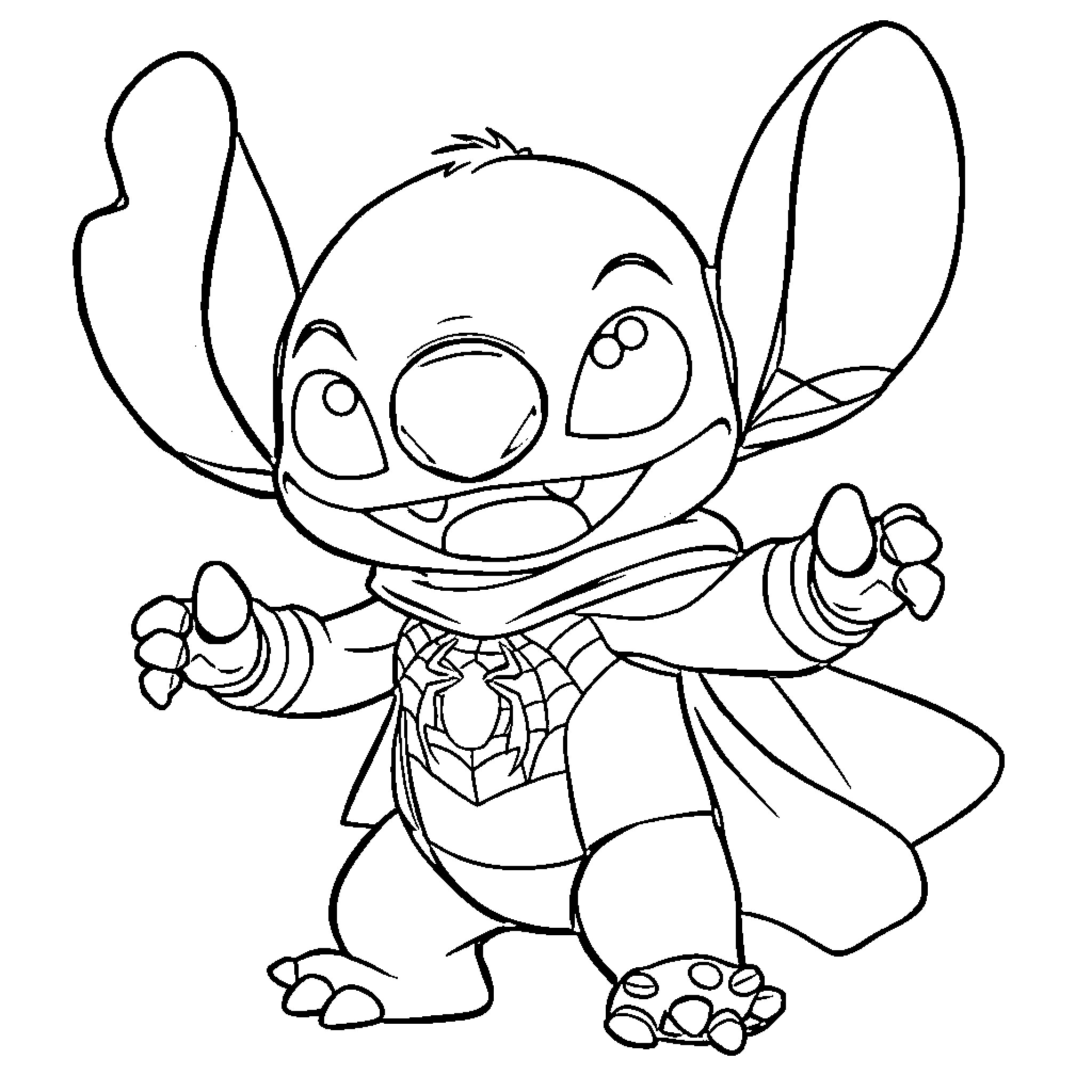 Stitch happily waving and smiling Coloring Page (free black-and-white line drawing printable PDF for all, from beginners to advanced learners, including children, teens, adults, and seniors)