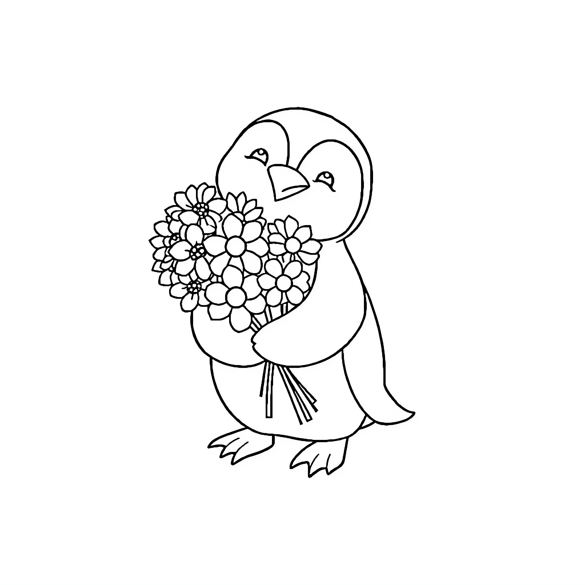 Penguin holding a bouquet of flowers Coloring Page (free black-and-white line drawing printable PDF for all, from beginners to advanced learners, including children, teens, adults, and seniors)