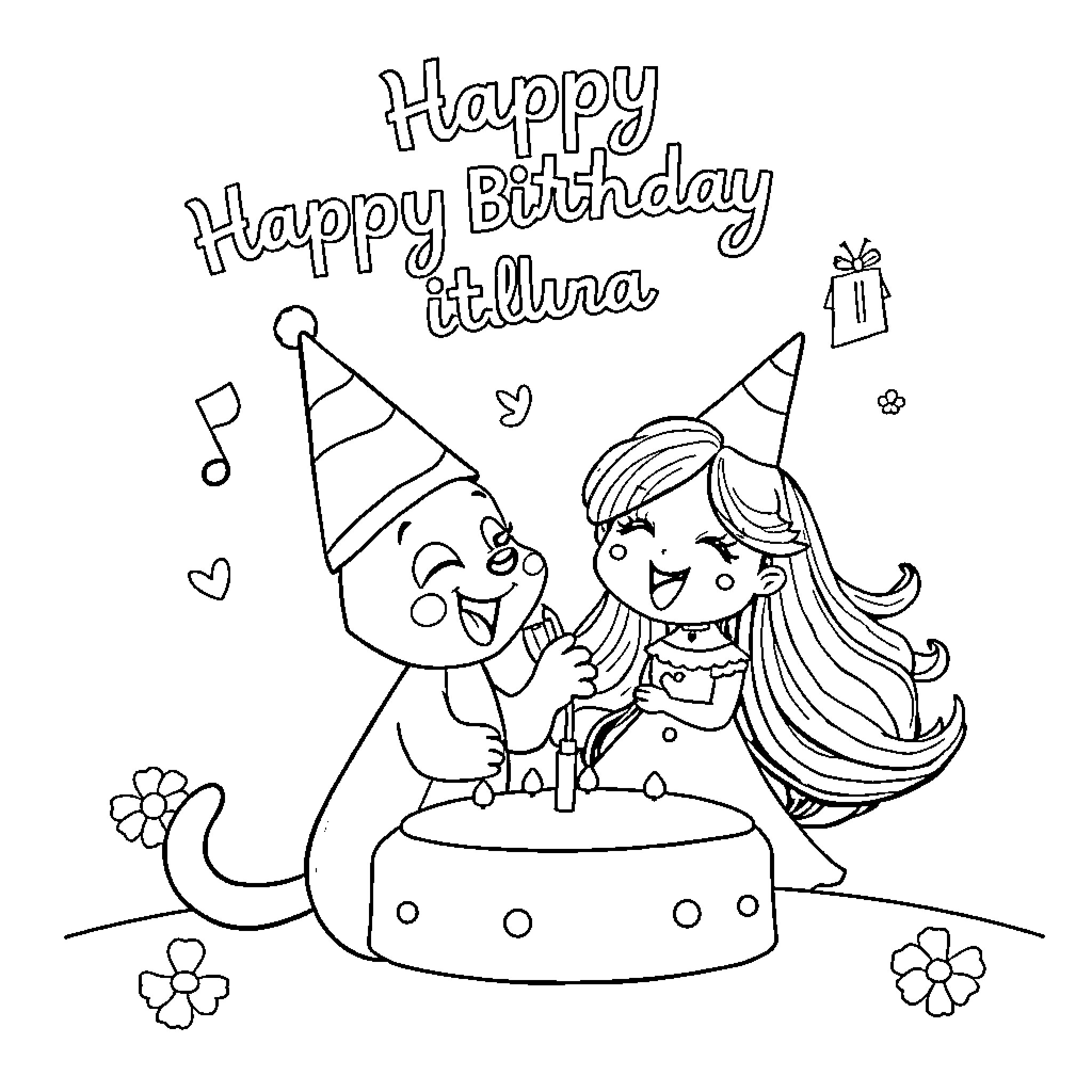 Bluey celebrates happy birthday with clown friend Coloring Page (free black-and-white line drawing printable PDF for all, from beginners to advanced learners, including children, teens, adults, and seniors)