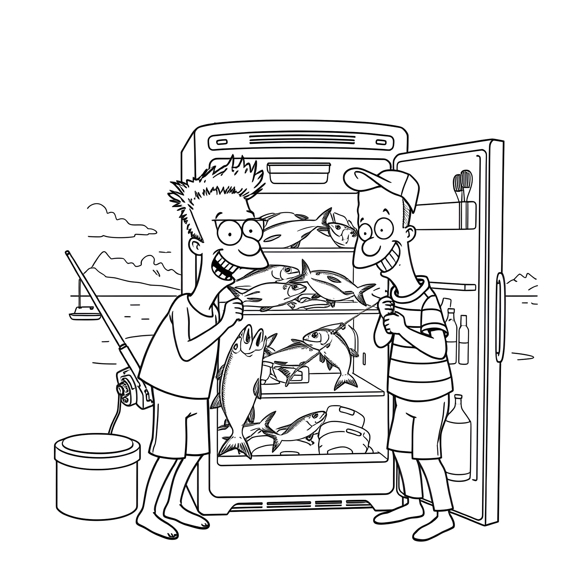 Beavis and Butthead Examining the Fridge Coloring Page (free black-and-white line drawing printable PDF for all, from beginners to advanced learners, including children, teens, adults, and seniors)