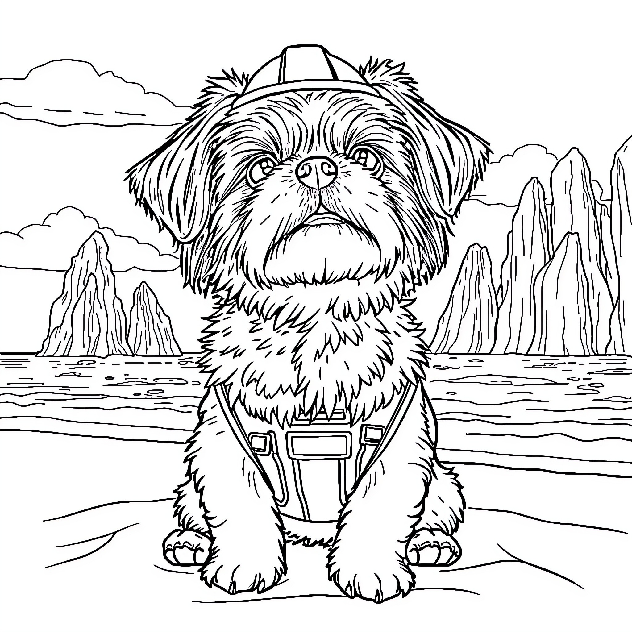 Perro wearing hat on rocky shoreline Coloring Page (free black-and-white line drawing printable PDF for all, from beginners to advanced learners, including children, teens, adults, and seniors)