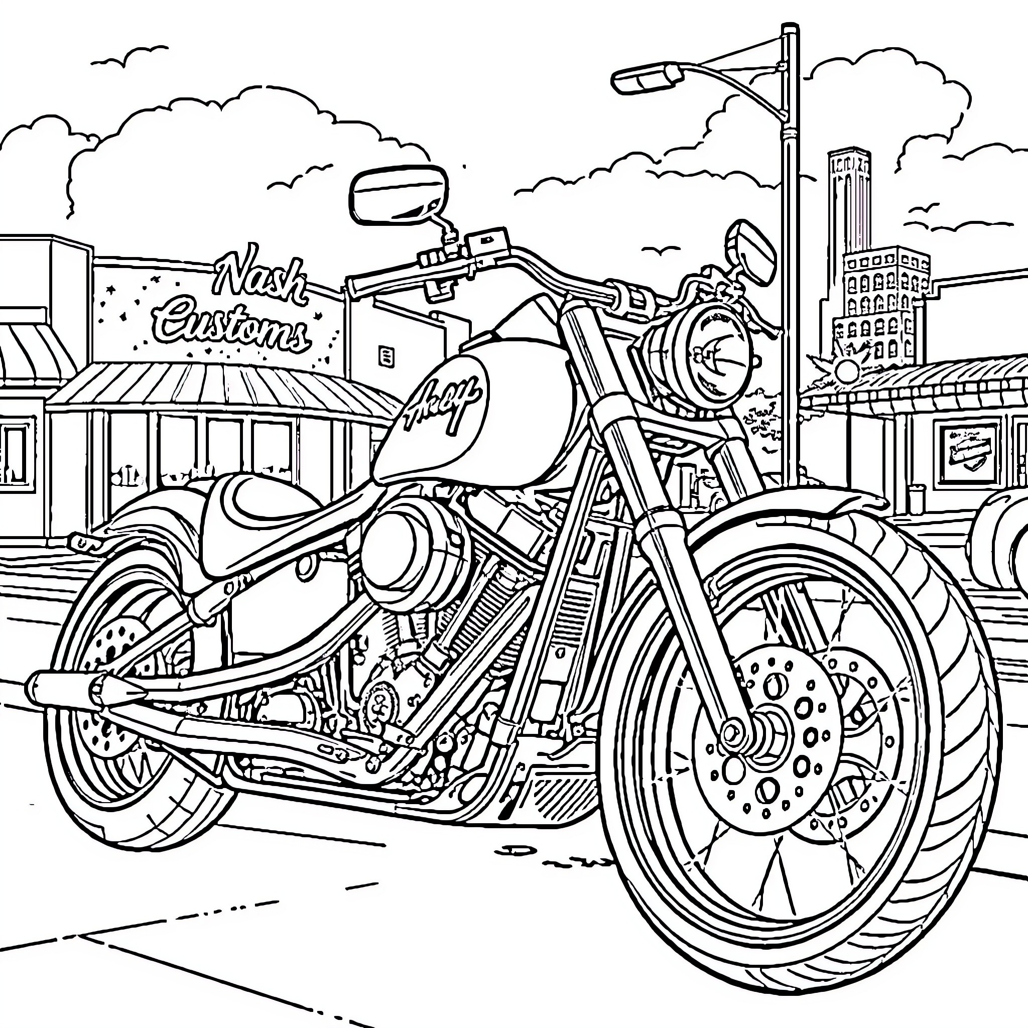 Motorcycle parked on the city street Coloring Page (free black-and-white line drawing printable PDF for all, from beginners to advanced learners, including children, teens, adults, and seniors)