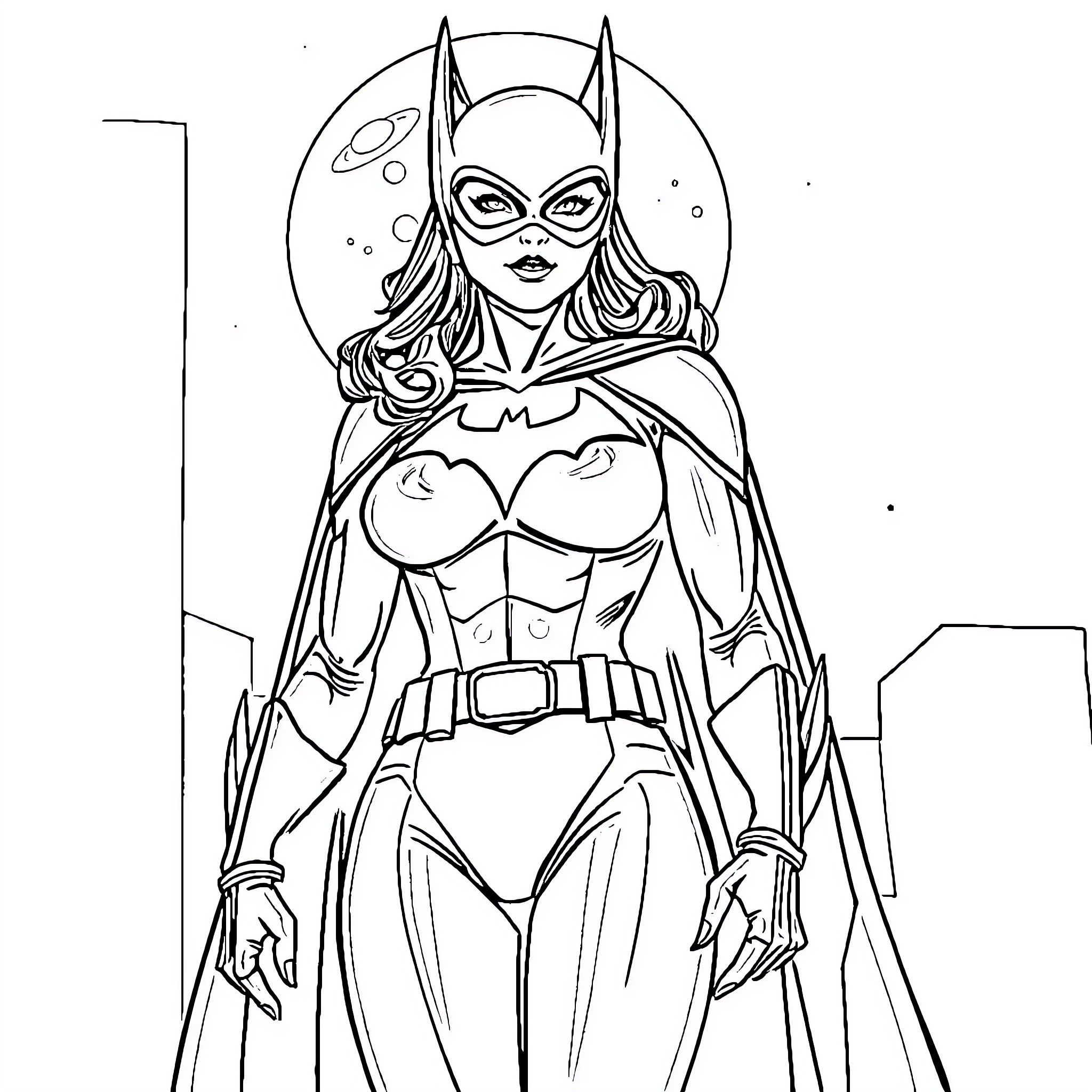 Batwoman in heroic pose against cityscape Coloring Page (free black-and-white line drawing printable PDF for all, from beginners to advanced learners, including children, teens, adults, and seniors)