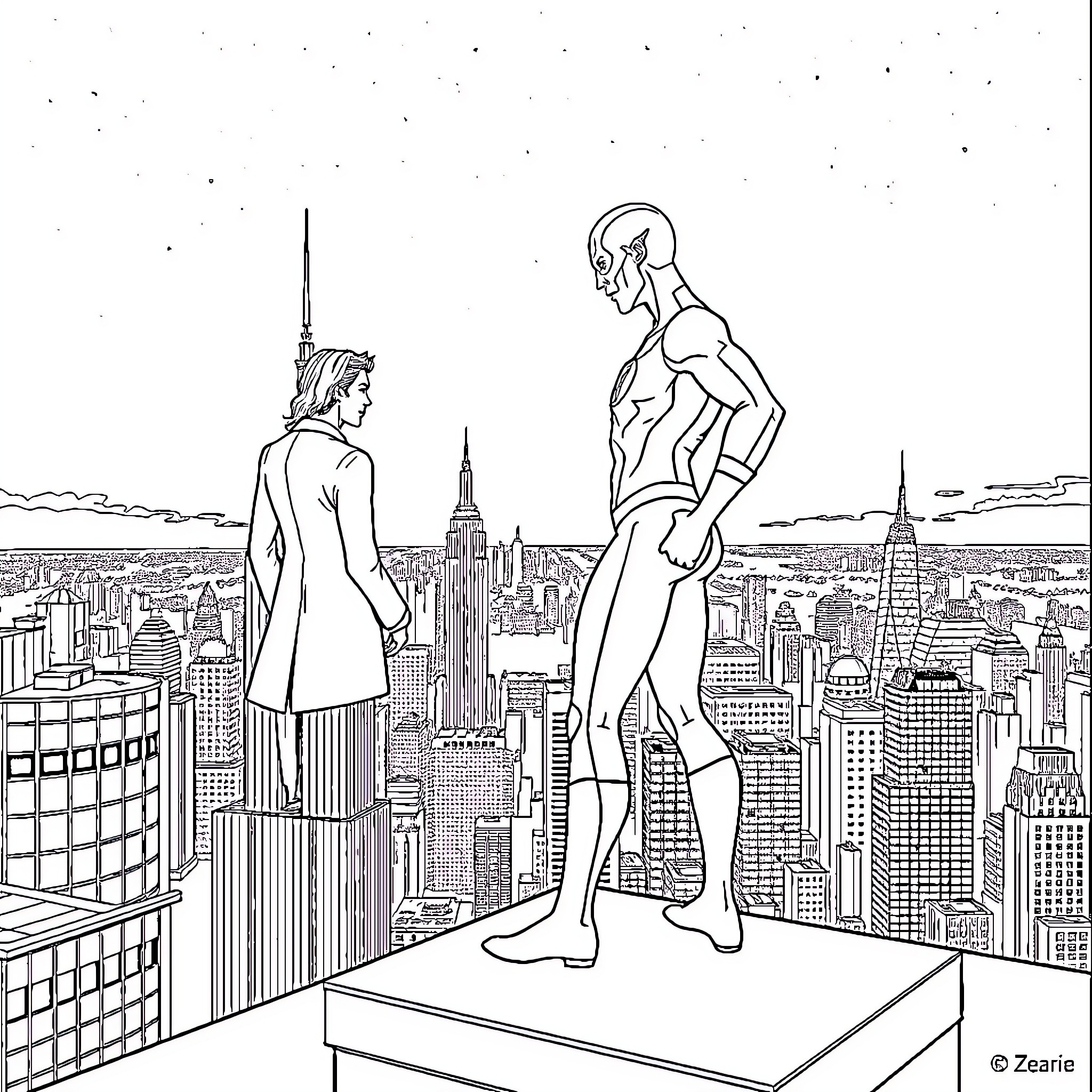 Flash of Heroes Towering Over City Coloring Page (free black-and-white line drawing printable PDF for all, from beginners to advanced learners, including children, teens, adults, and seniors)